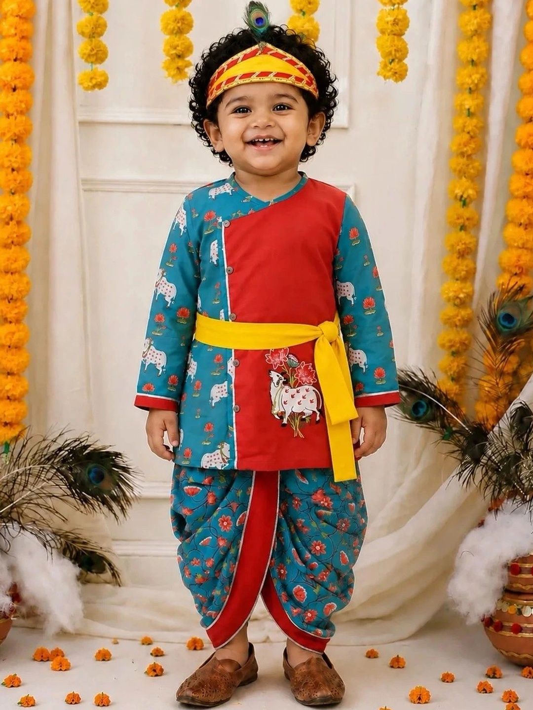 BownBee Boys Ethnic Motifs Printed Angrakha Thread Work Pure Cotton Kurta with Dhoti Pants-picture-36