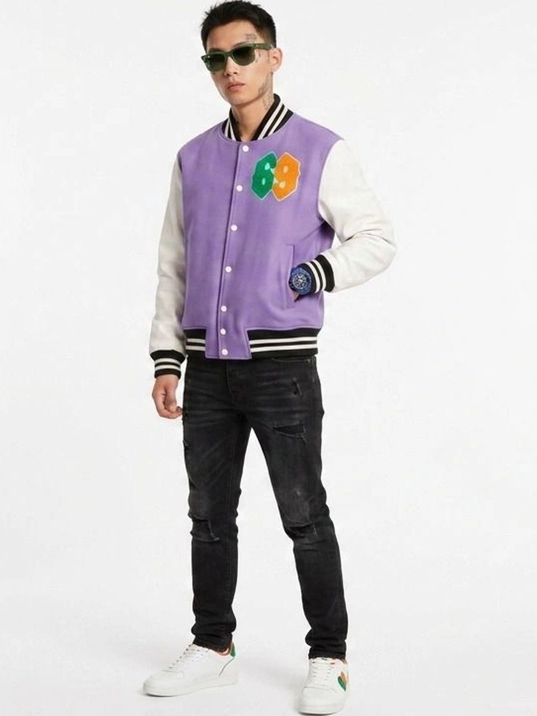 oiin Men Colourblocked Fleece Blend Varsity Jacket with Patchwork-picture-20