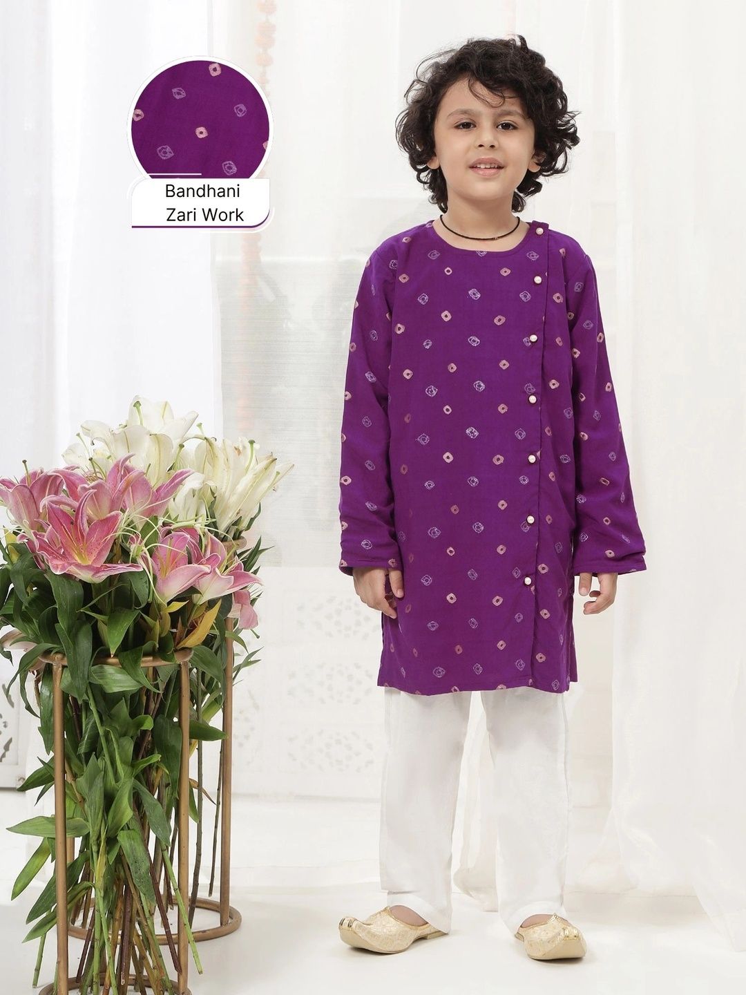 Little Bansi Boys Bandhani Embroidered Regular Pure Cotton Kurta with Pyjamas-picture-28