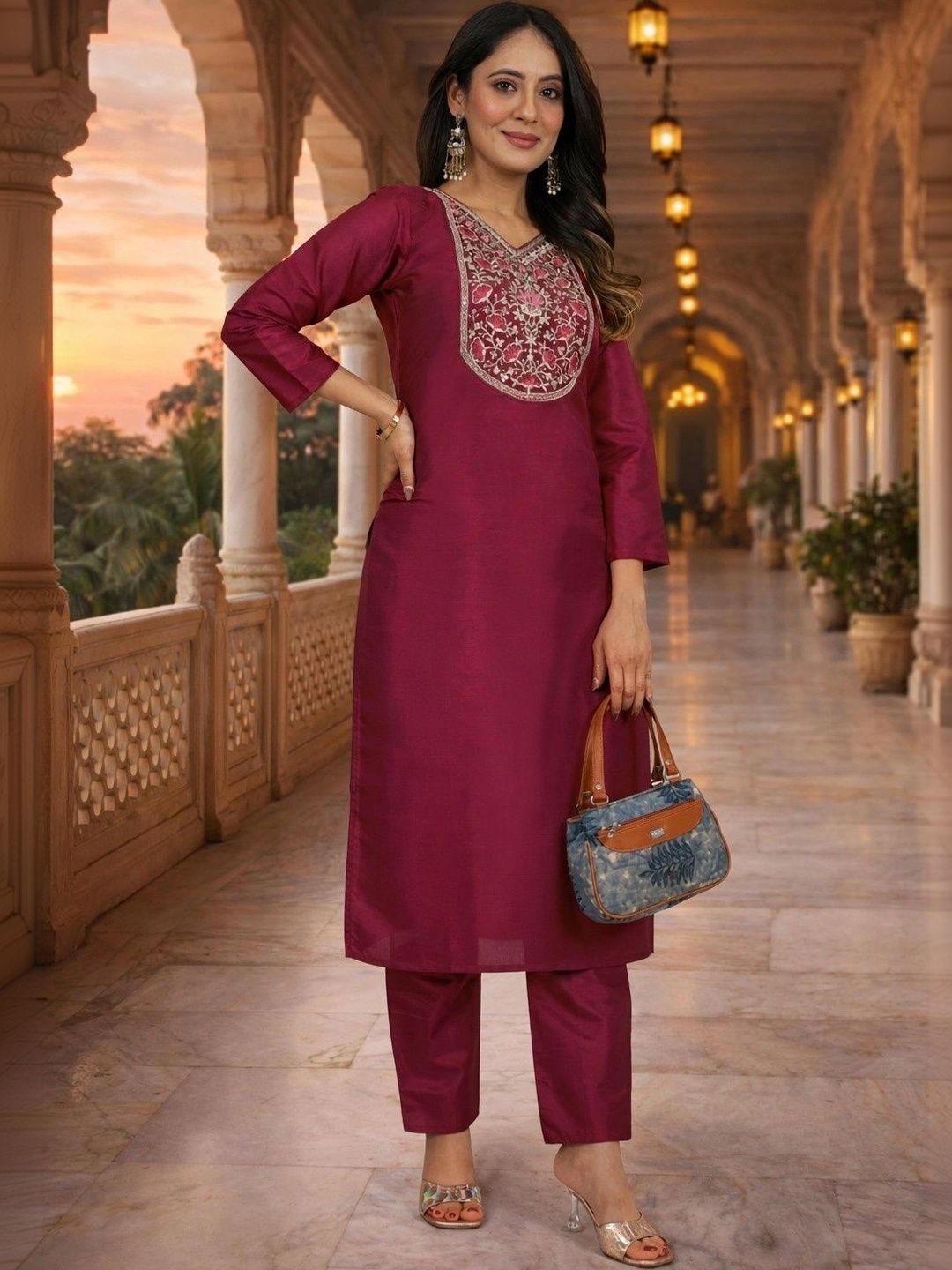 Sangria Floral Embroidered Tunic with Trousers-picture-31