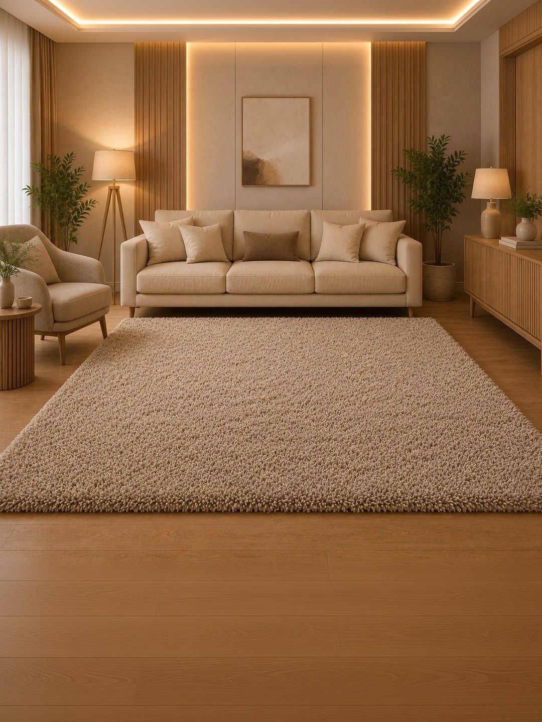 KAYNAT CARPET Beige Solid Shaggy Woollen Carpet-picture-13