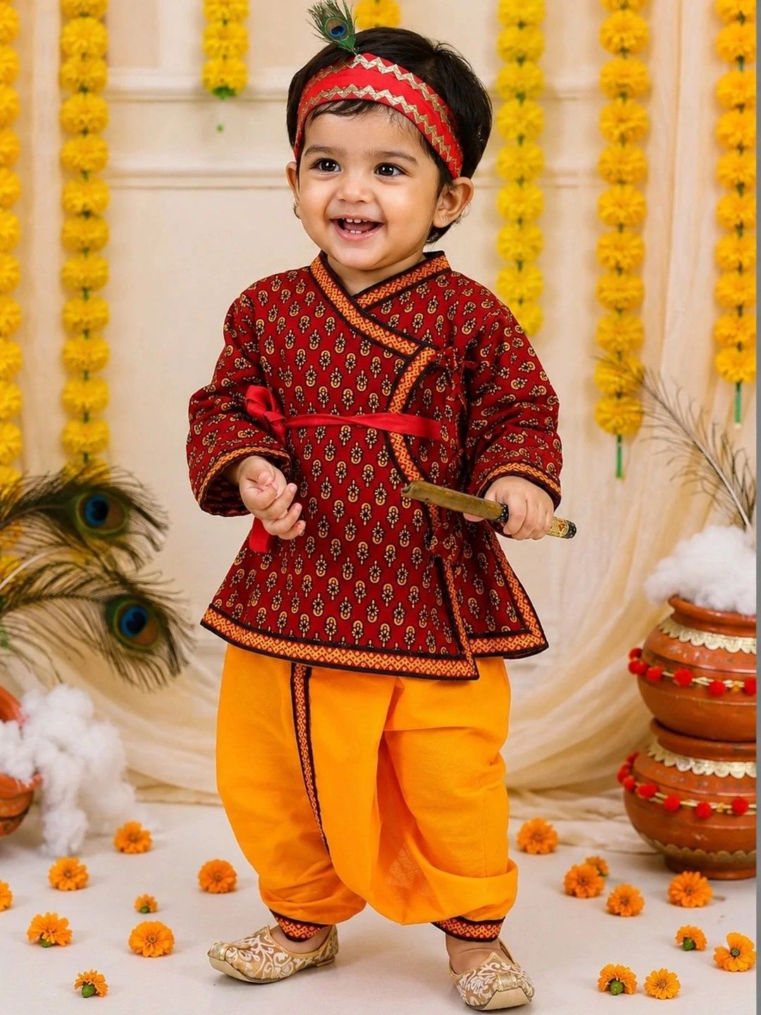 BownBee Boys Ethnic Motifs Printed Angrakha Pure Cotton Top with Dhoti Pants-picture-36