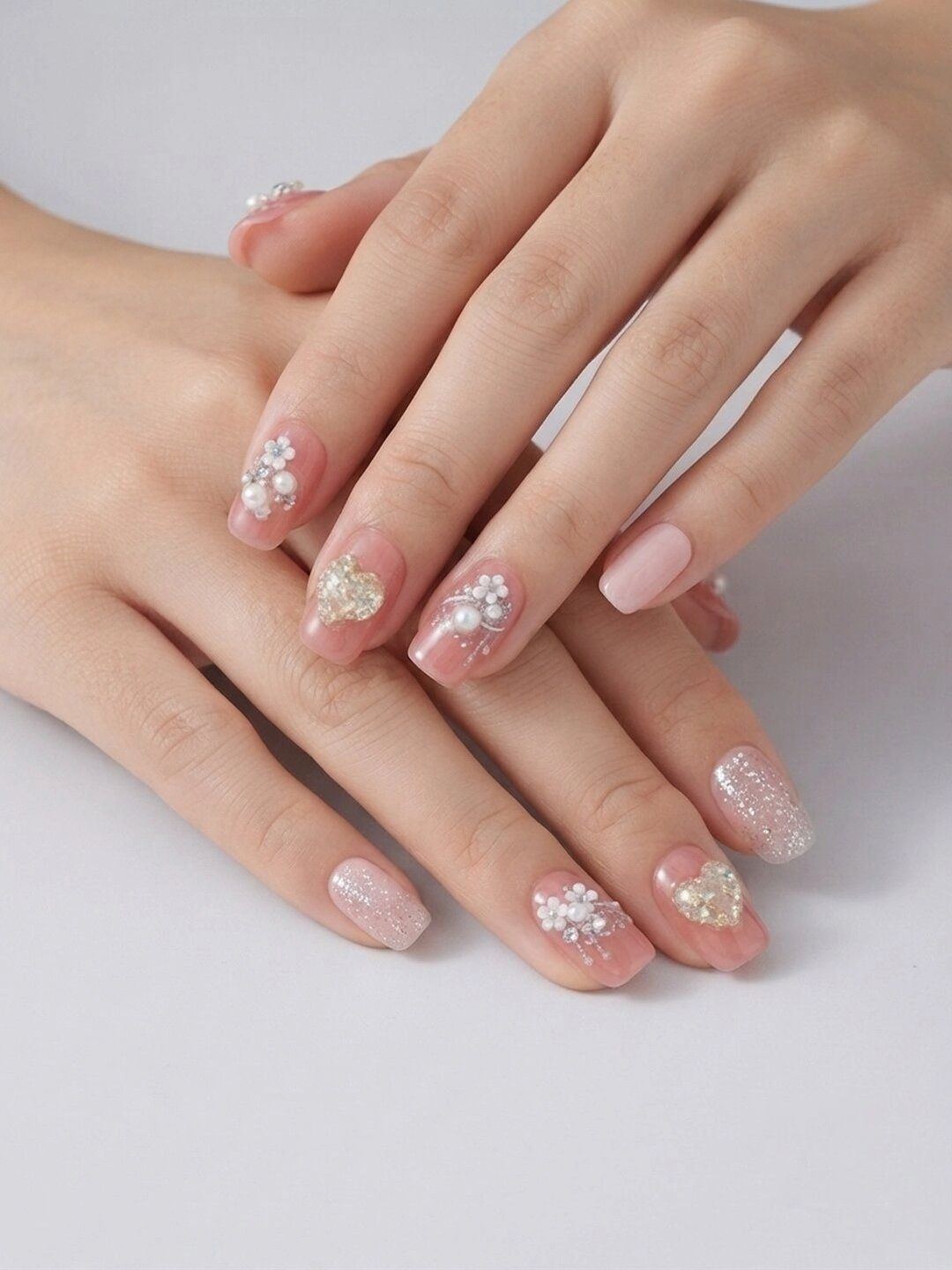 KRENOZ Set Of 24 Reusable Artificial Press On Nails - Pink Pearl & Crystal-picture-49