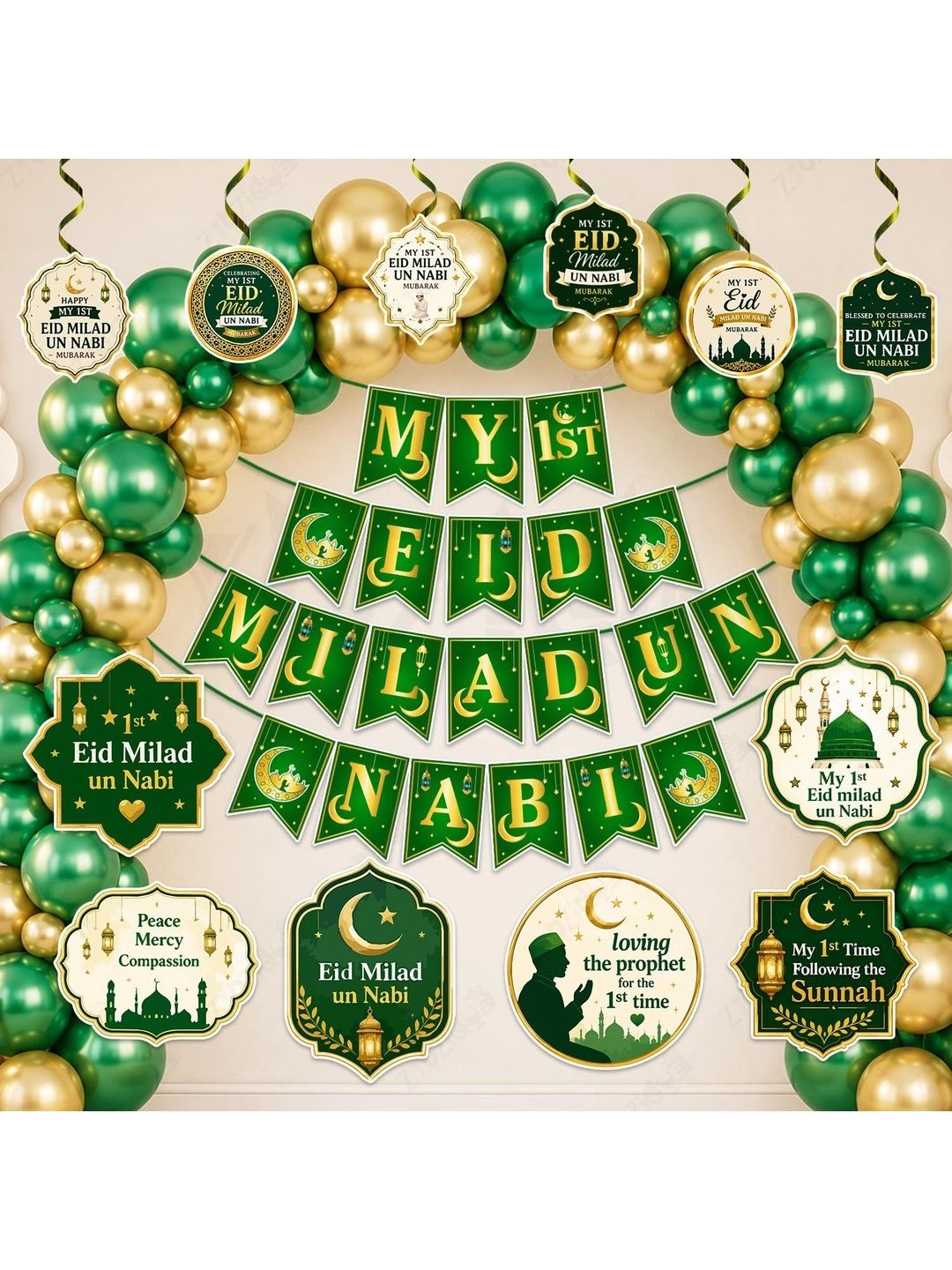 ZYOZI 65-Pcs Green Glossy Reusable Festive Decor - Milad Un Nabi Decorations Kit-picture-20