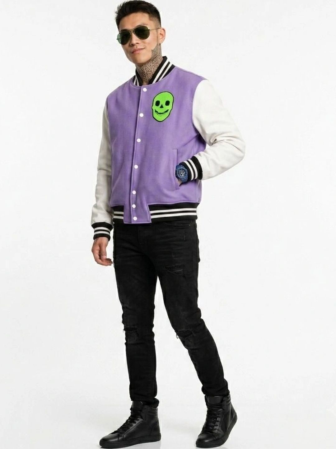 oiin Men Colourblocked Fleece Blend Lightweight Varsity Jacket with Patchwork-picture-49
