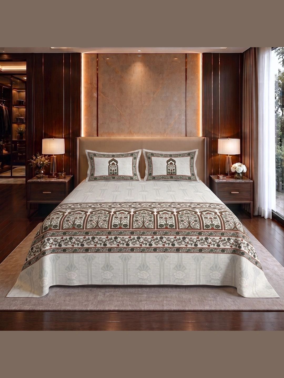 VAASINI Maroon & Olive Green Ethnic Motifs 250 TC King Bedsheet with 2 Pillow Covers-image-9