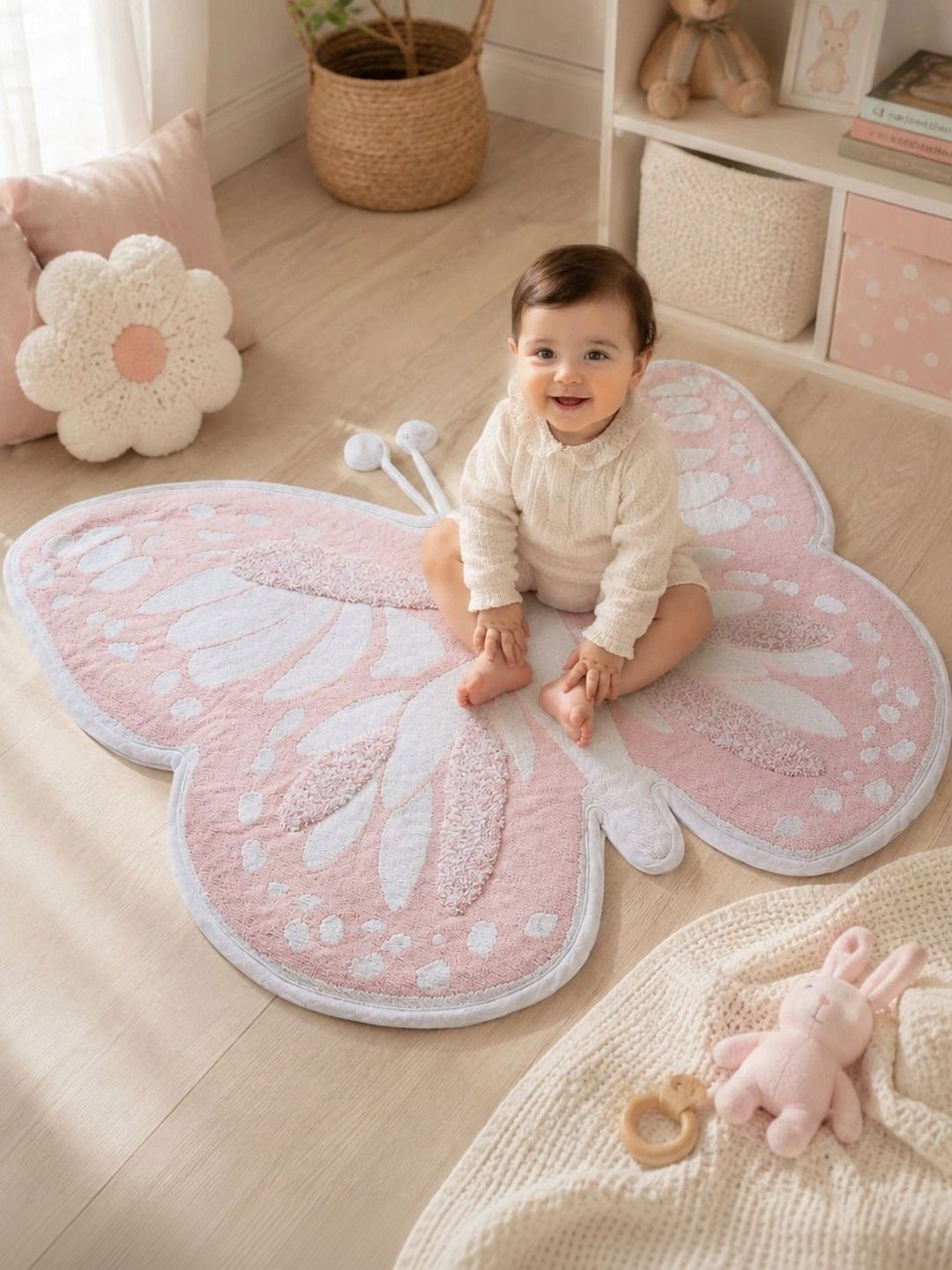THE BABY TRUNK Kids Pink & White Butterfly Design Pure Cotton Anti-Skid Play Mat-image-17