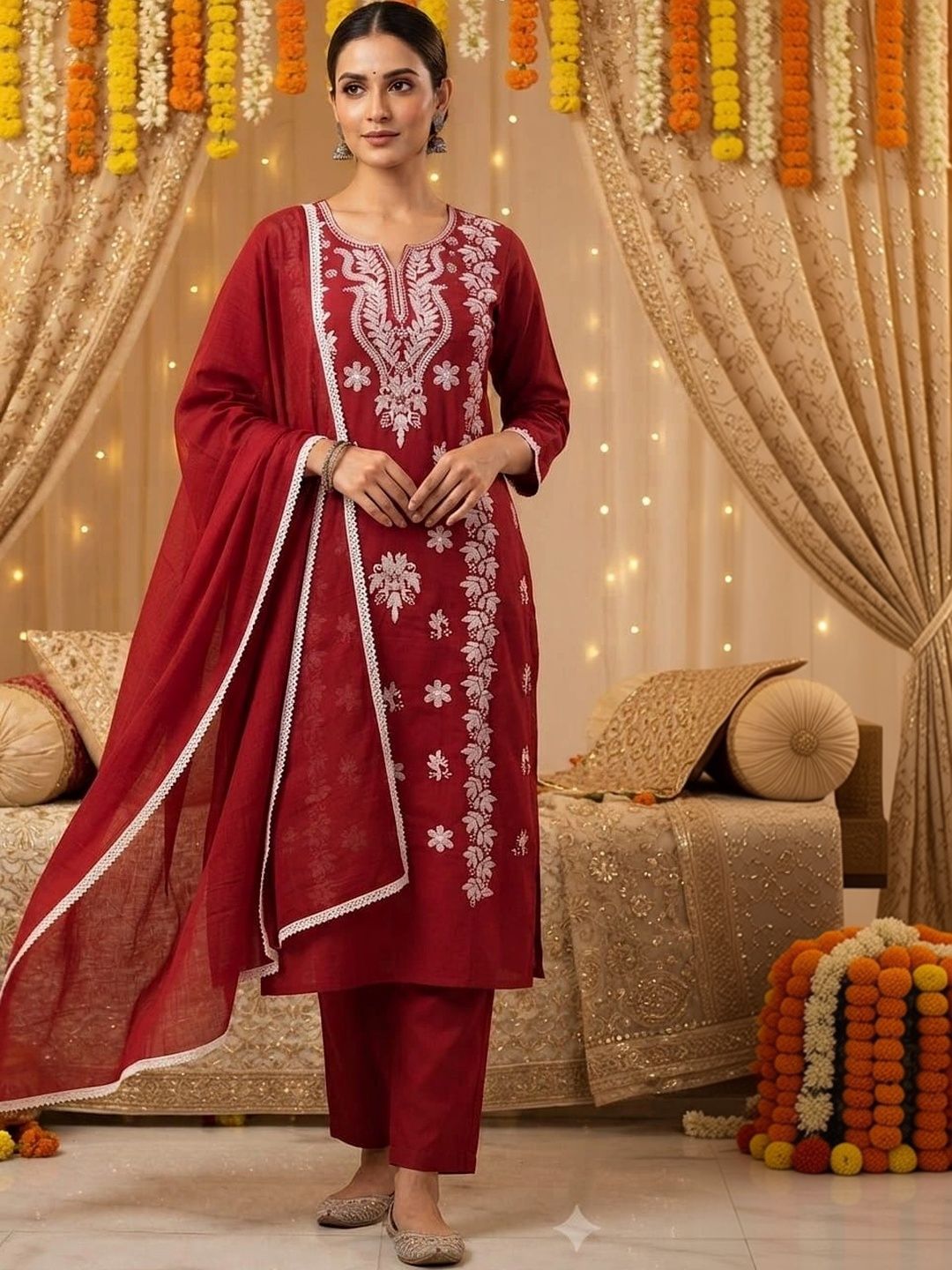 Indra Style Women Ethnic Motifs Embroidered Regular Chikankari Kurta with Trousers & With Dupatta-image-10
