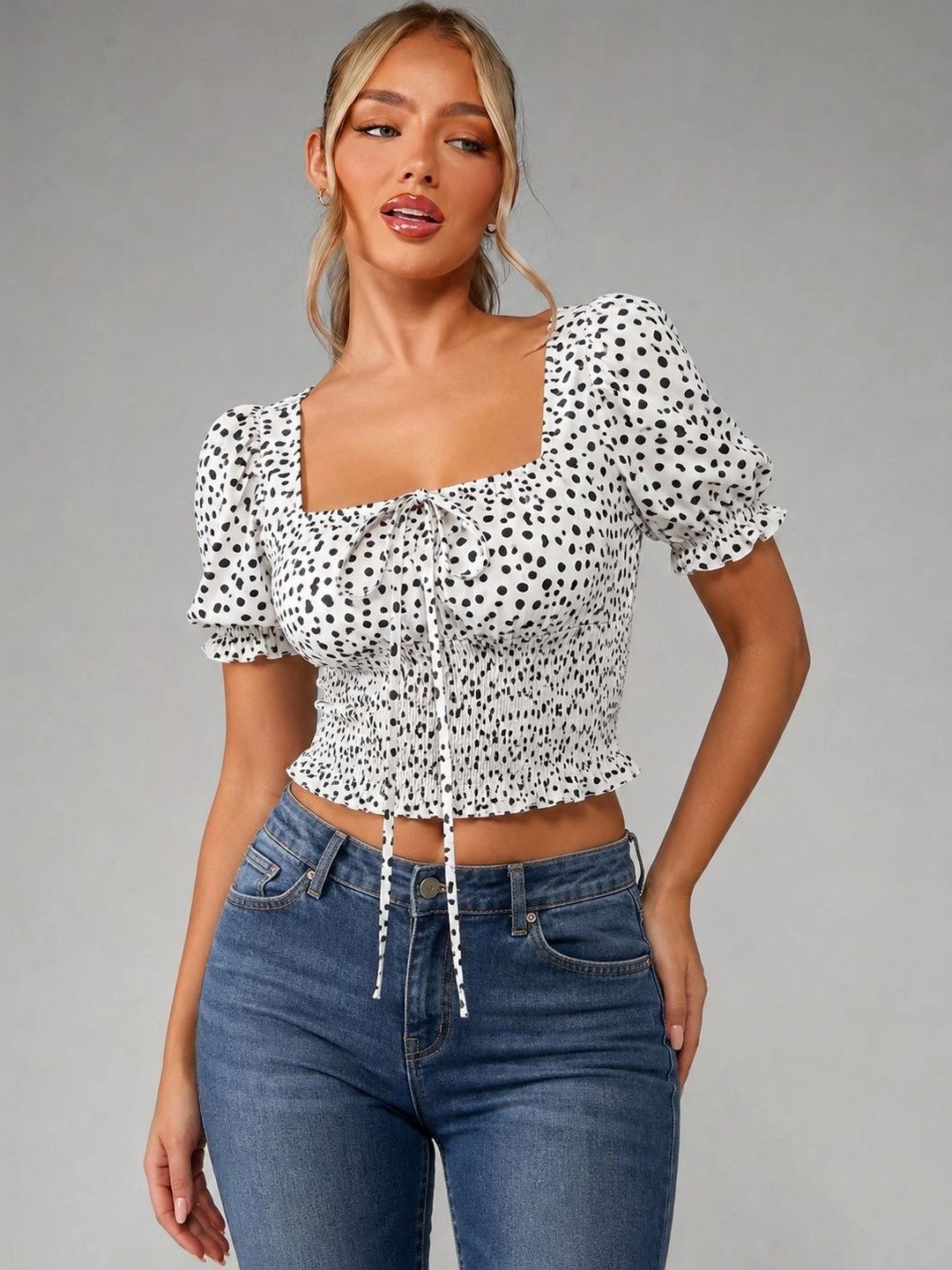 LA CHIC PICK Polka Dot Print Puff Sleeve Cotton Blend Crop Top-picture-52