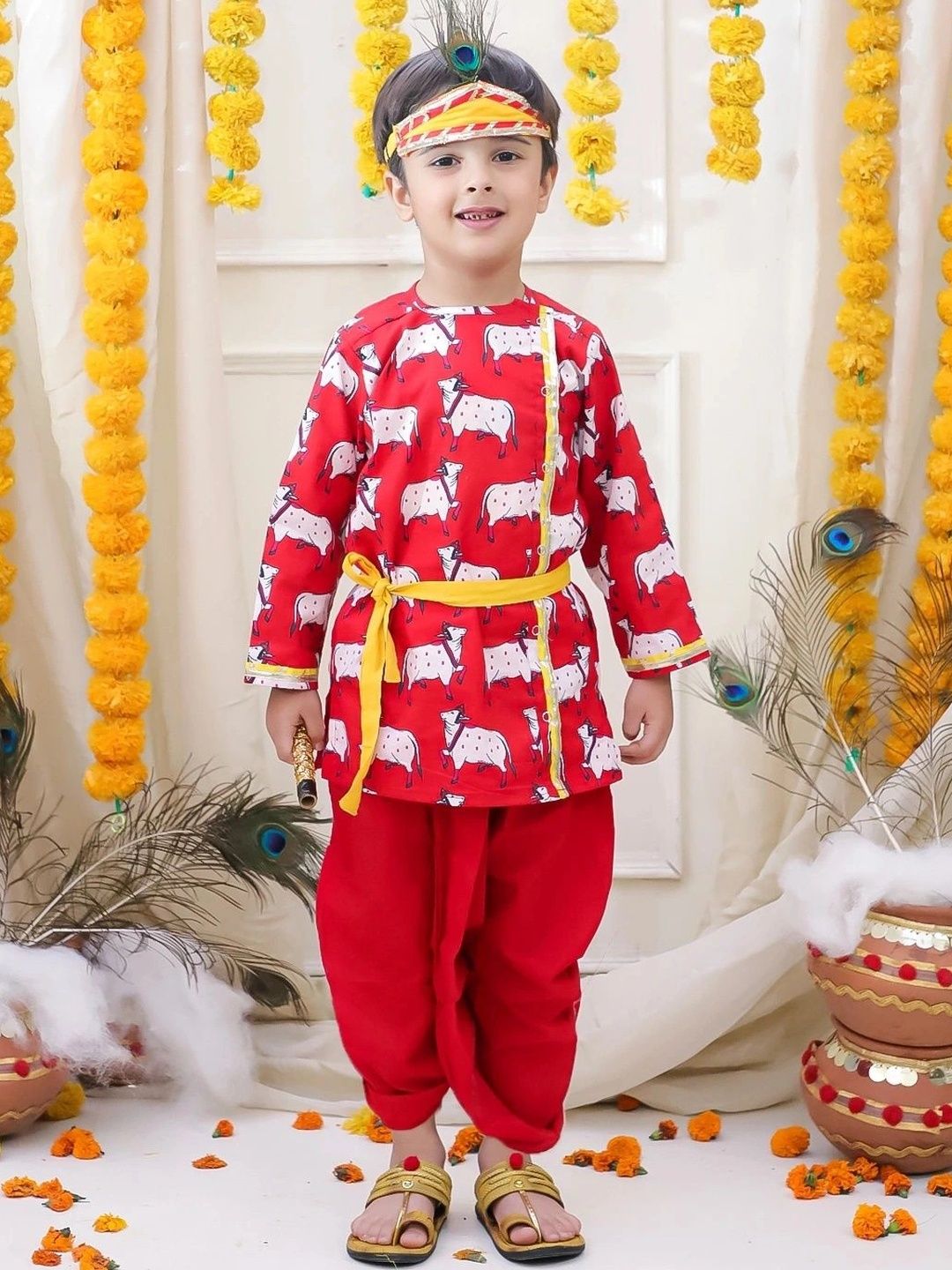 BownBee Boys Ethnic Motifs Printed Angrakha Pure Cotton Kurta with Dhoti Pants-picture-57
