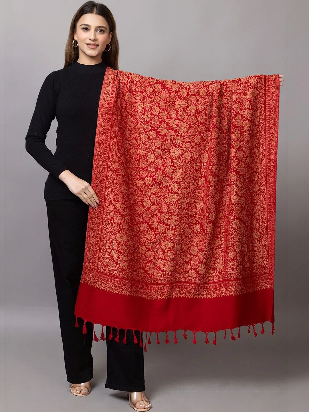 oornika Women Floral Woven Design Shawl-image-6