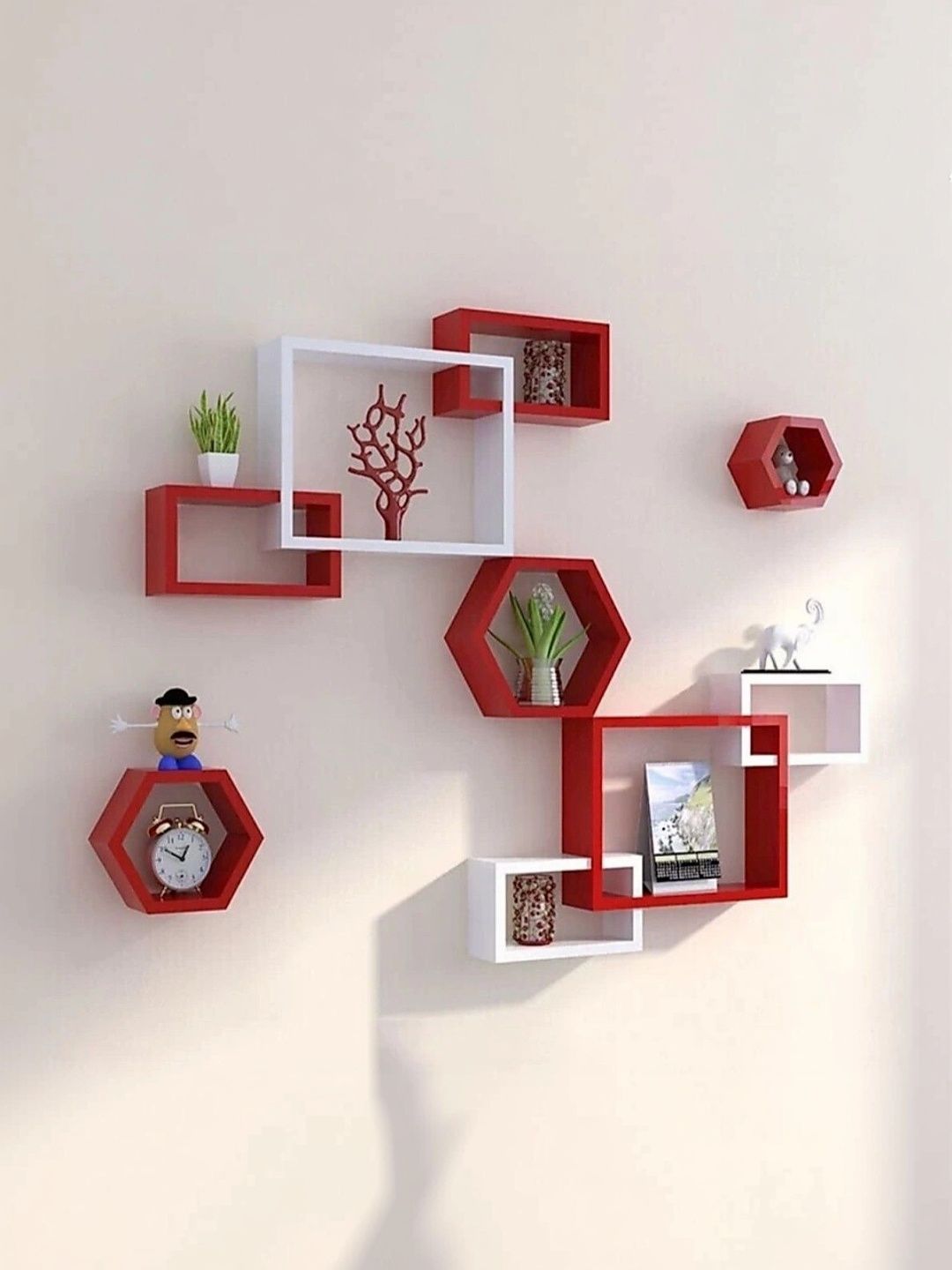 TFS TRADERS White & Red MDF Wall Shelf with Keyholders-picture-25