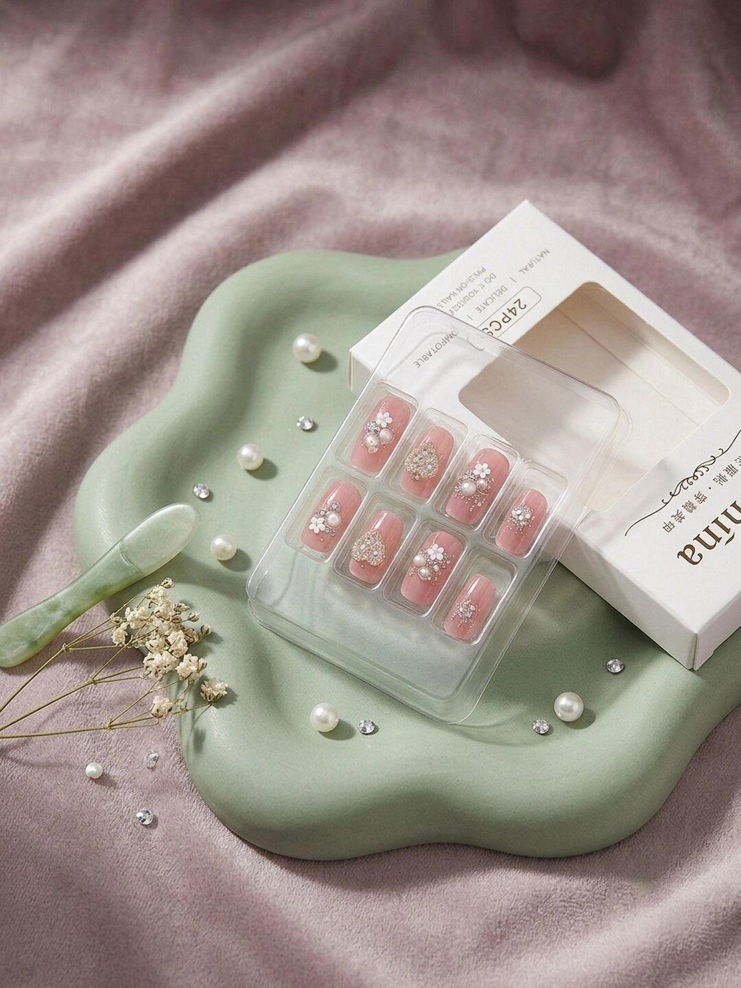 Krelin Set Of 24 Reusable Artificial Press On Nails - Pink Pearl & Crystal-picture-46