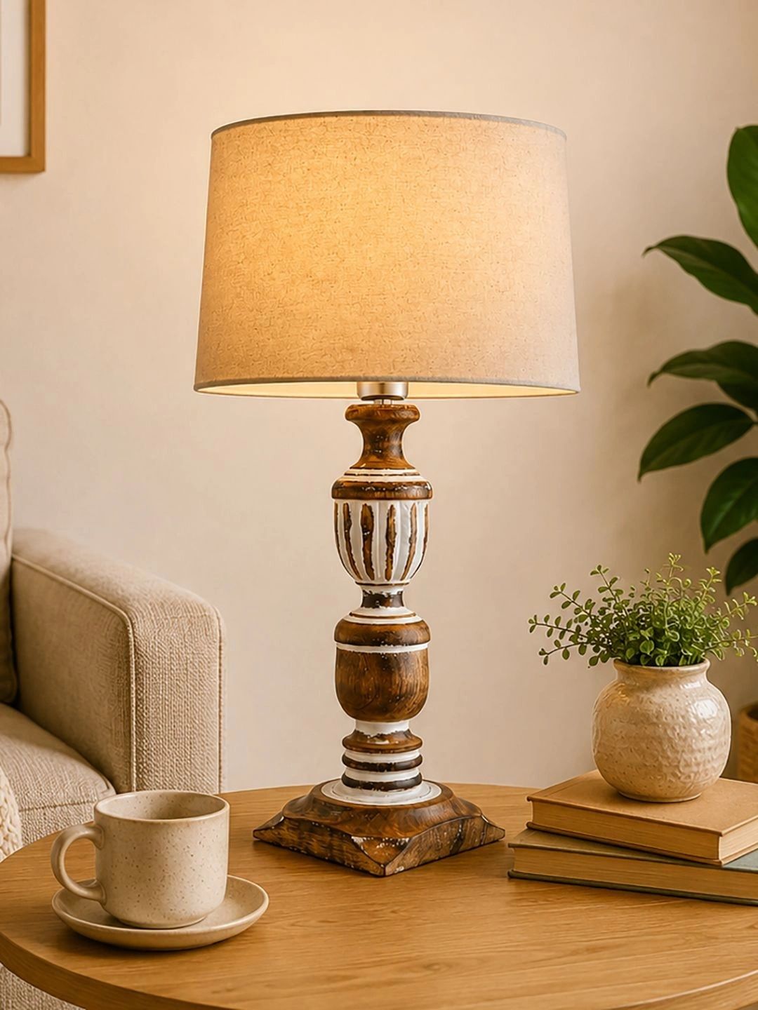 Decorcity Beige Textured Wood Traditional Cylindrical Shaped Table Lamp with Bulb-image-39