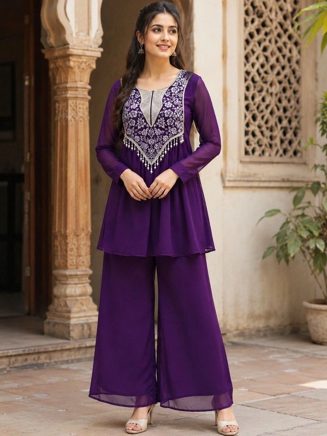 NORIVA Women Ethnic Motifs Embroidered Empire Thread Work Kurta with Palazzos-image-11