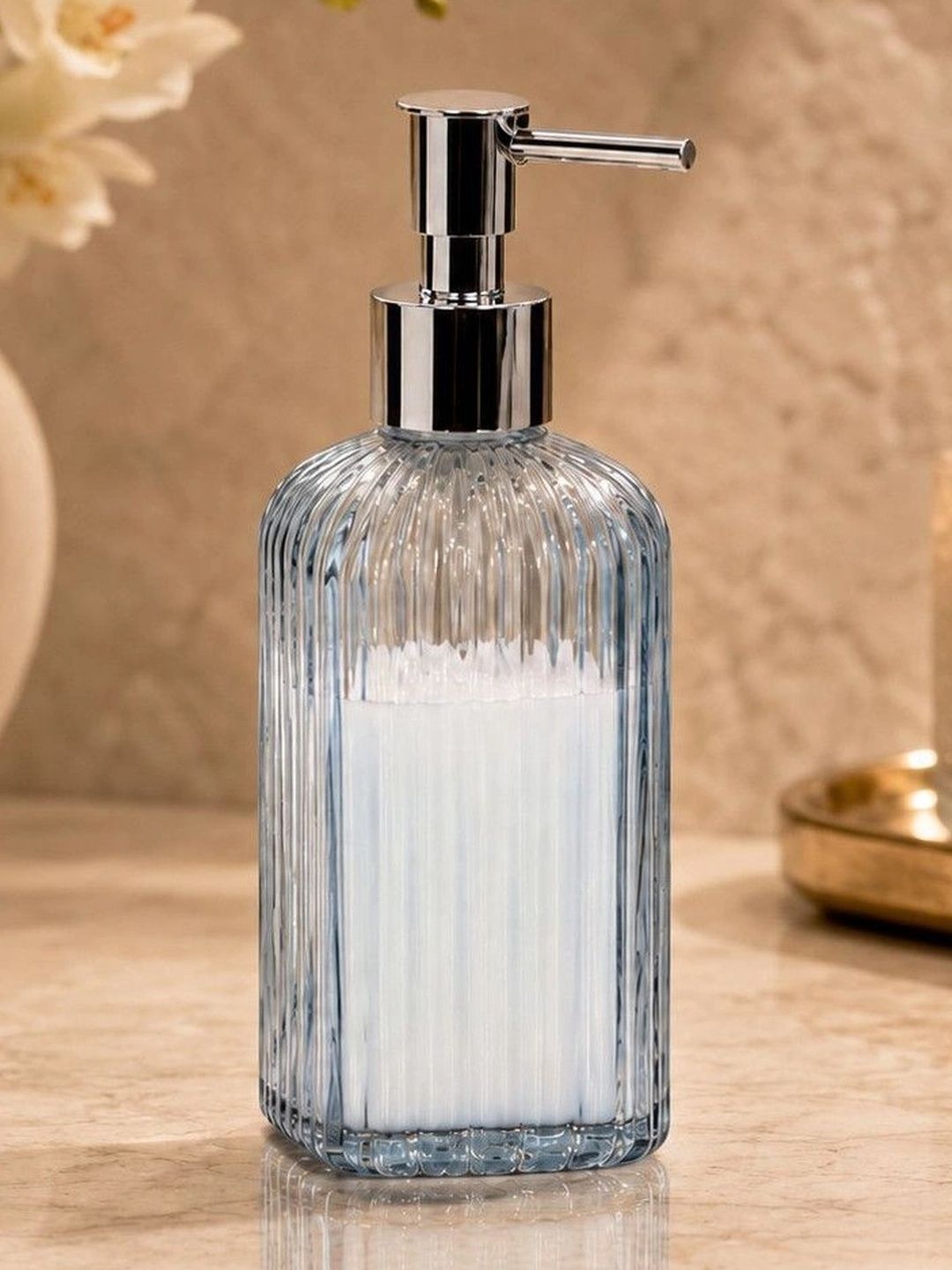 Beautifymyspace Transparent & Blue Textured Glass Soap Dispenser-picture-30