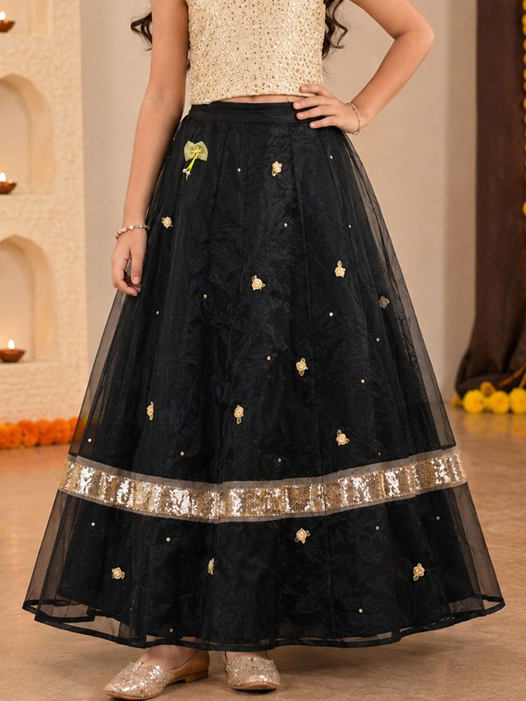 KiddoPanti Girls Georgette Embellished Sleek Utility Maxi Flared Skirt-picture-22