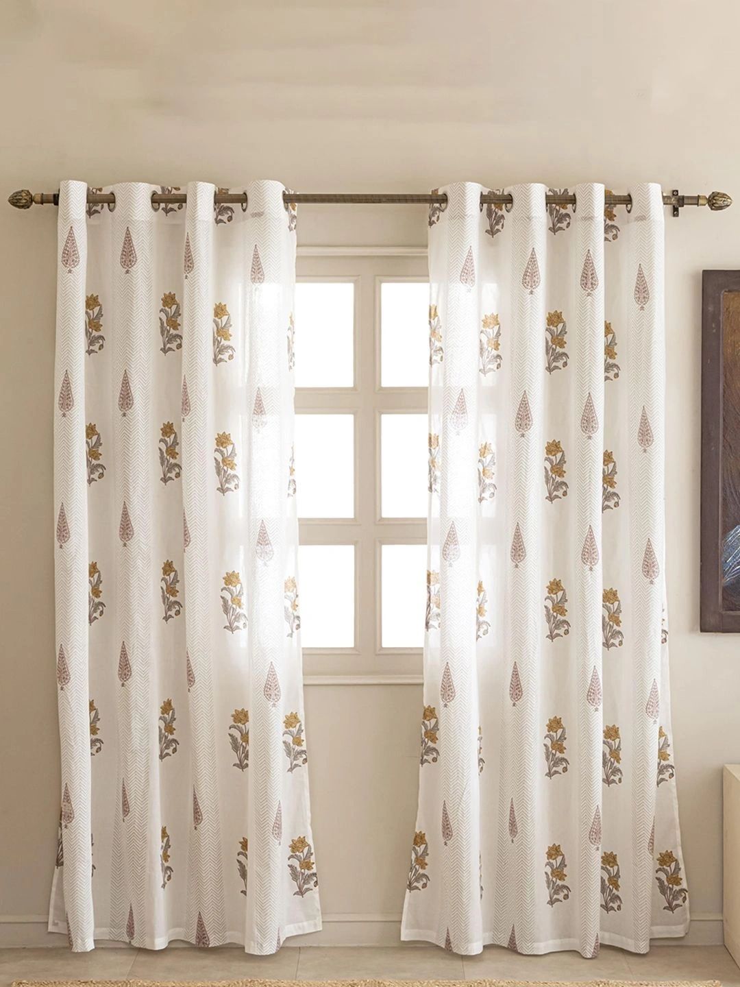 Myntra Elegant Homes Off White & Mustard Set of 2 Floral Sheer Window Curtain-image-46
