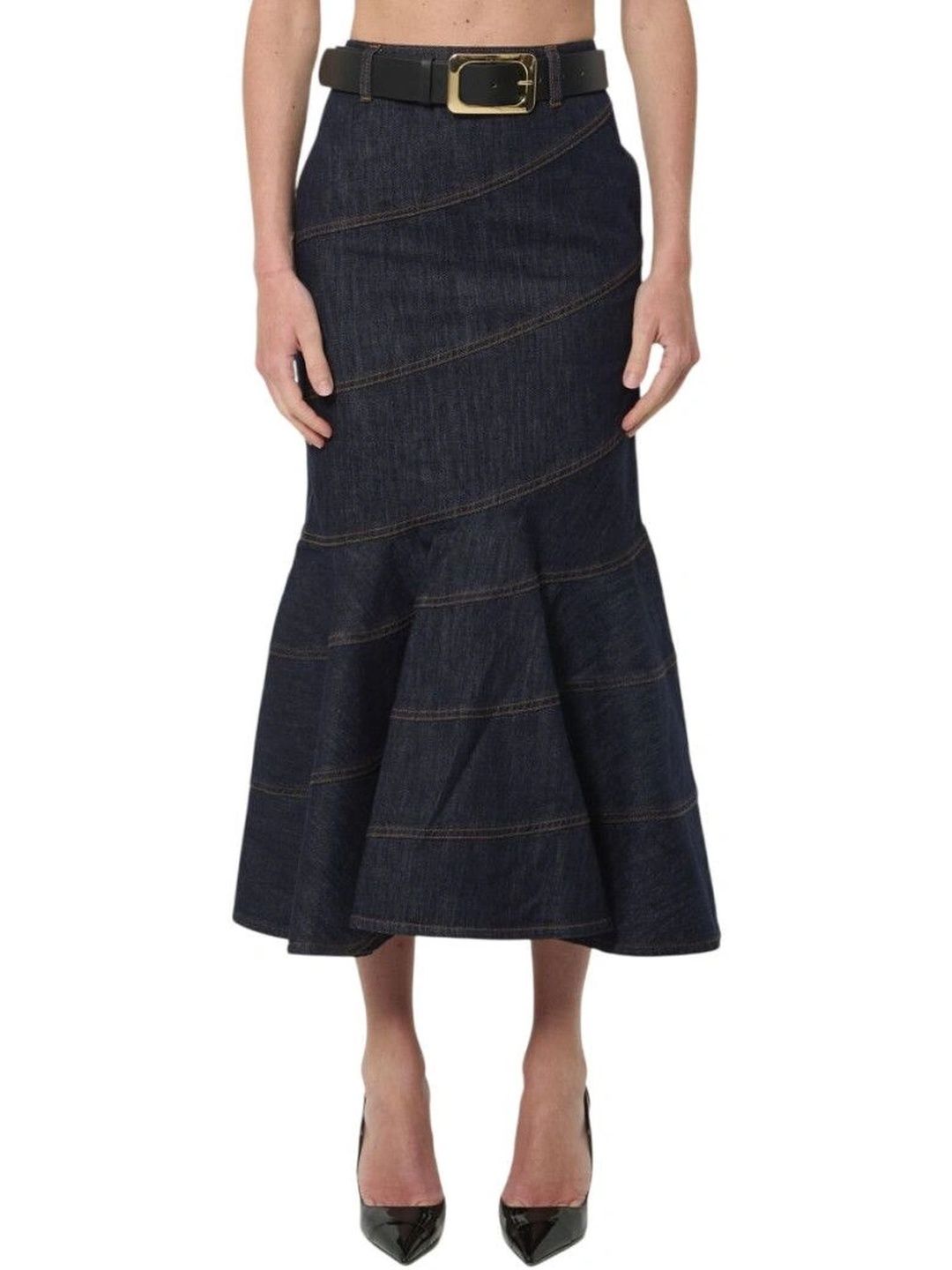 Self-Portrait Women Cotton Frayed Denim Midi Trumpet Skirt-picture-51