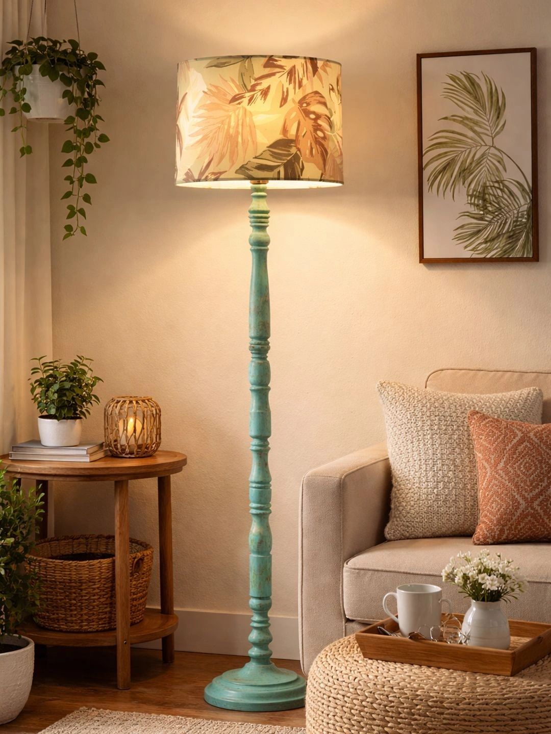 Decorcity Beige & Turquoise Blue Floral Printed Wooden Floor Lamps-picture-47