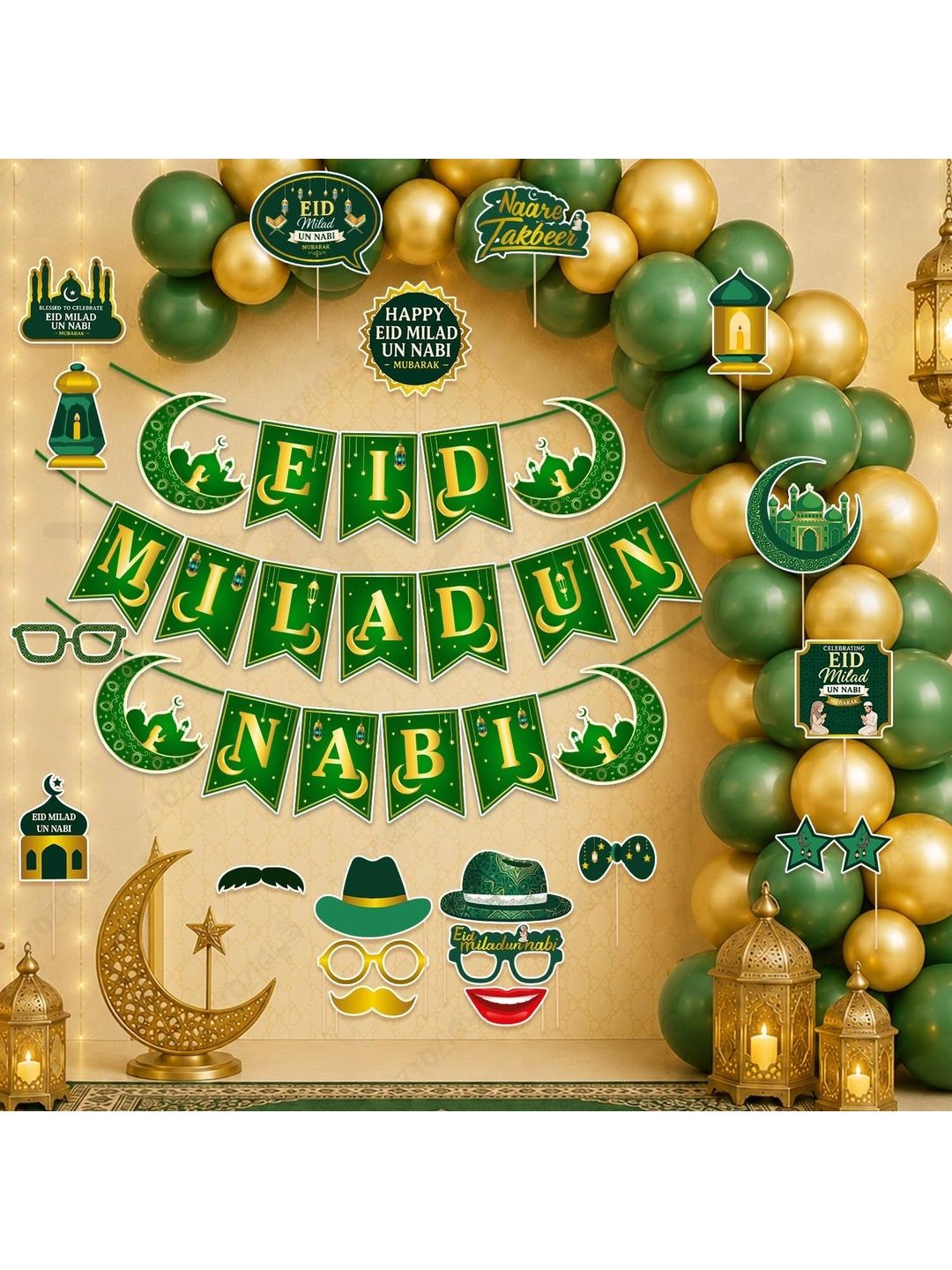 ZYOZI 72-Pcs Green Glossy Reusable Festive Decor - Milad Un Nabi Decorations Kit-picture-20