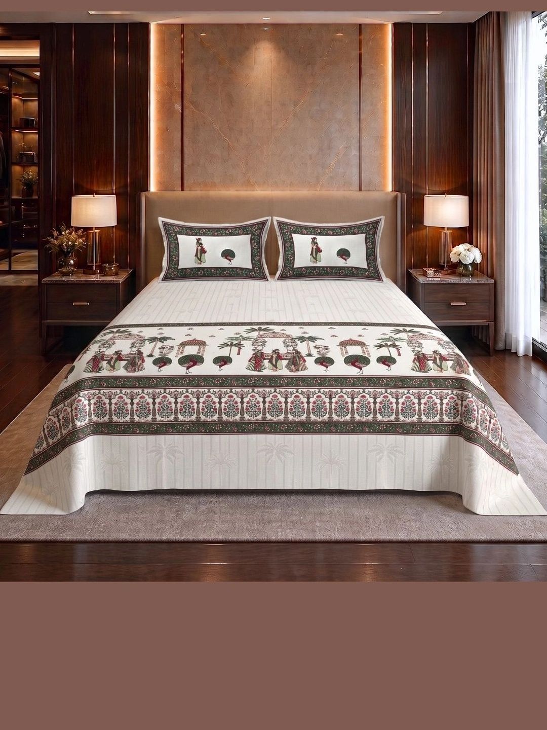 VAASINI Green & Red Ethnic Motifs 250 TC King Bedsheet with 2 Pillow Covers-image-39