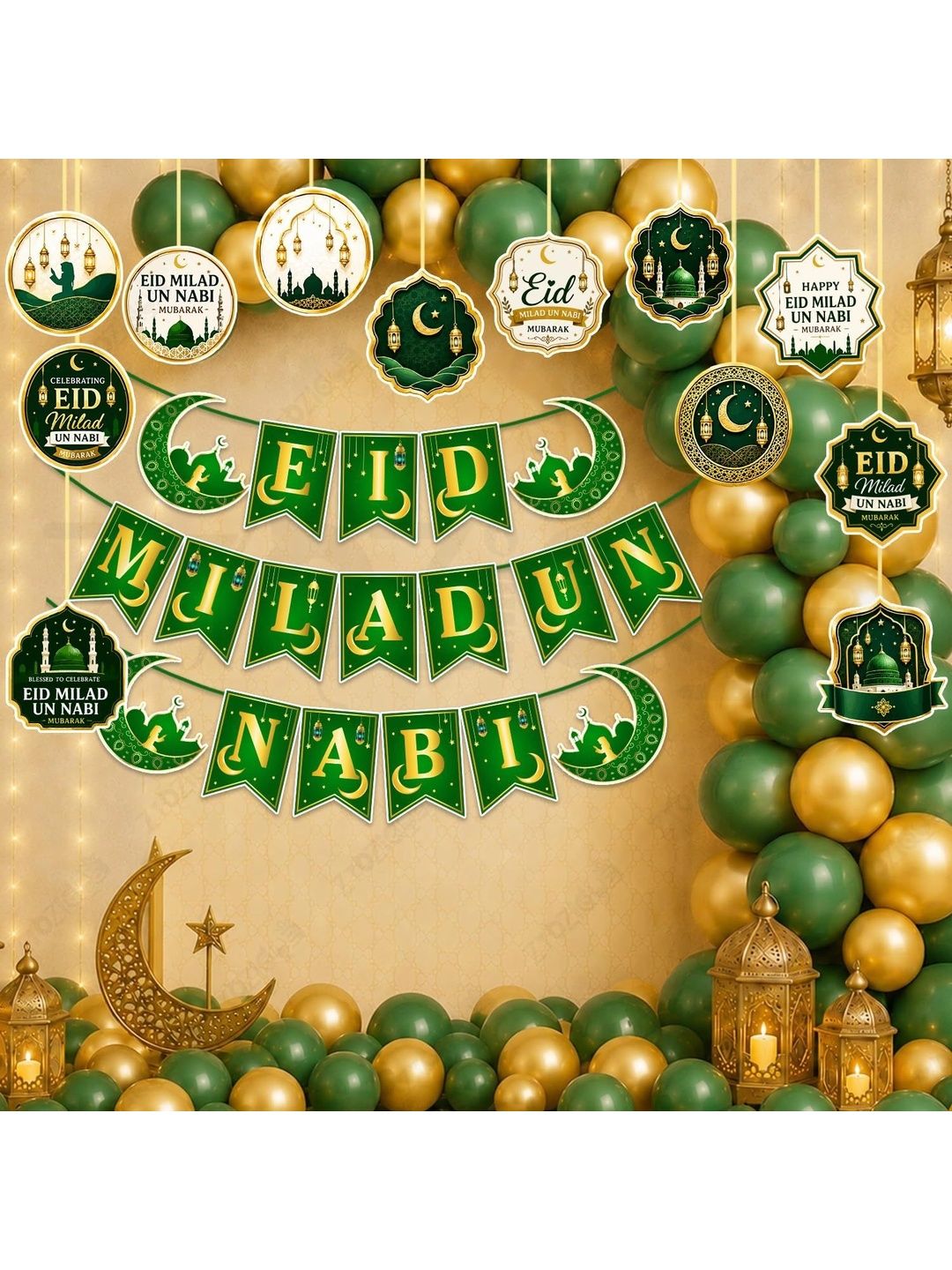 ZYOZI 65-Pcs Green Glossy Reusable Festive Decor - Milad Un Nabi Decorations Kit-picture-30