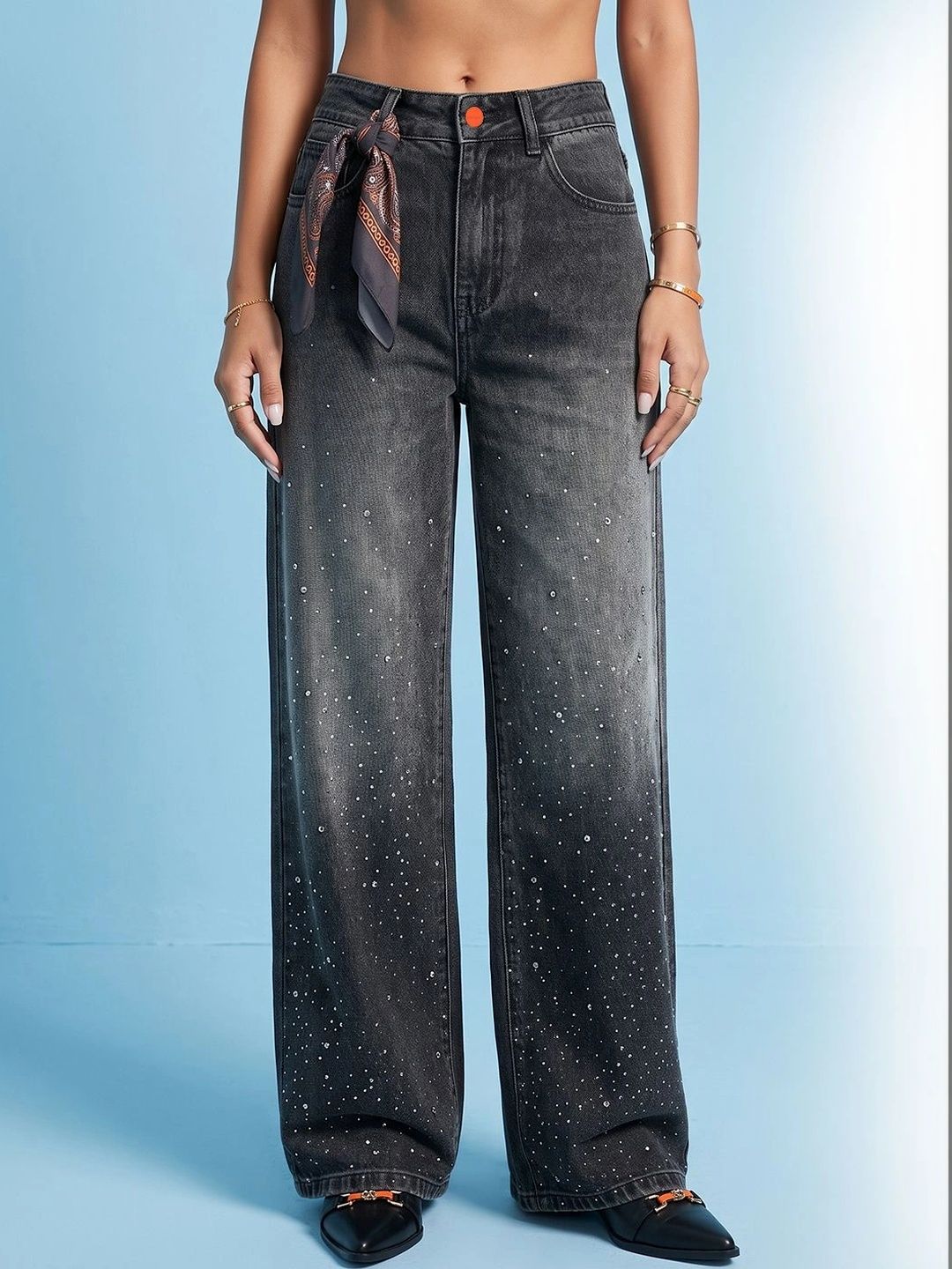 Encrypt Women Comfort Wide Leg High-Rise Embellished Stretchable Jeans-picture-42