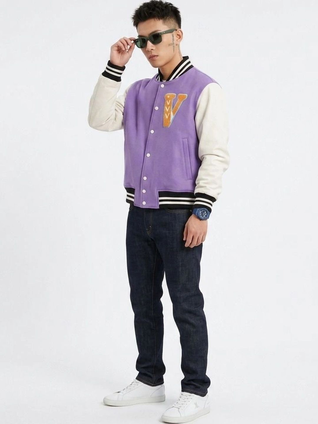 oiin Men Brand Logo Colourblocked Fleece Blend Varsity Jacket-picture-22