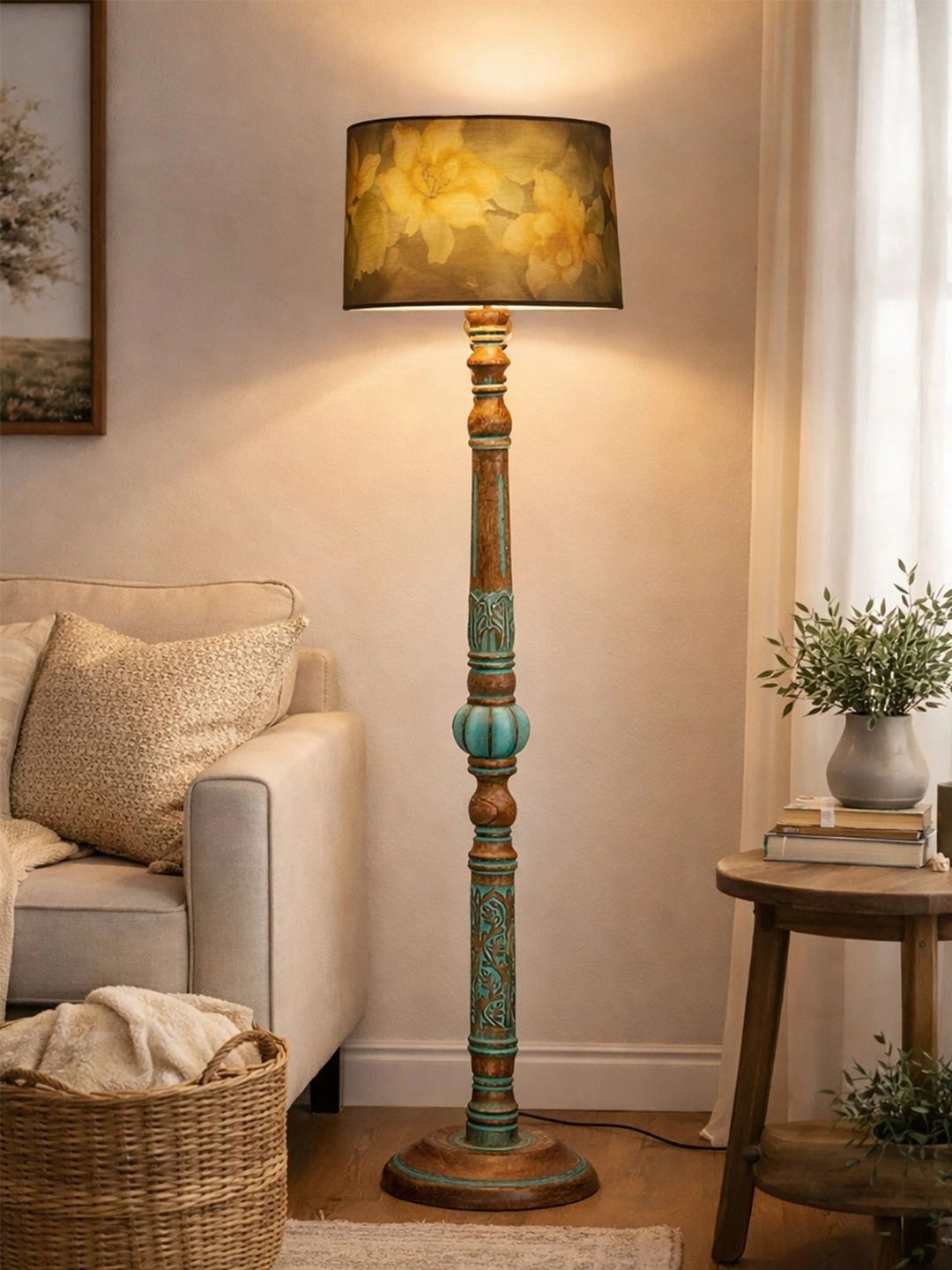 Decorcity Yellow & Turquoise Blue Floral Printed Wooden Floor Lamps-picture-50