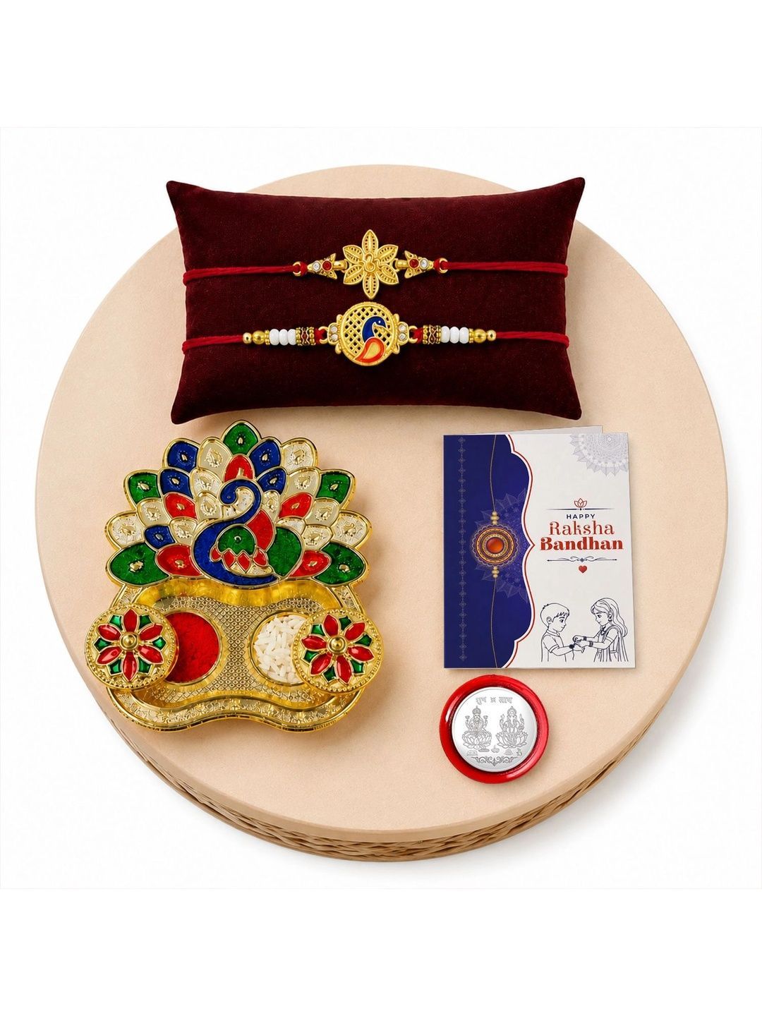 Myntra Elegant Homes Set of 7 Rakhi Gift Set With Silver Coin, Greeting Card & Roli Chawal-picture-58