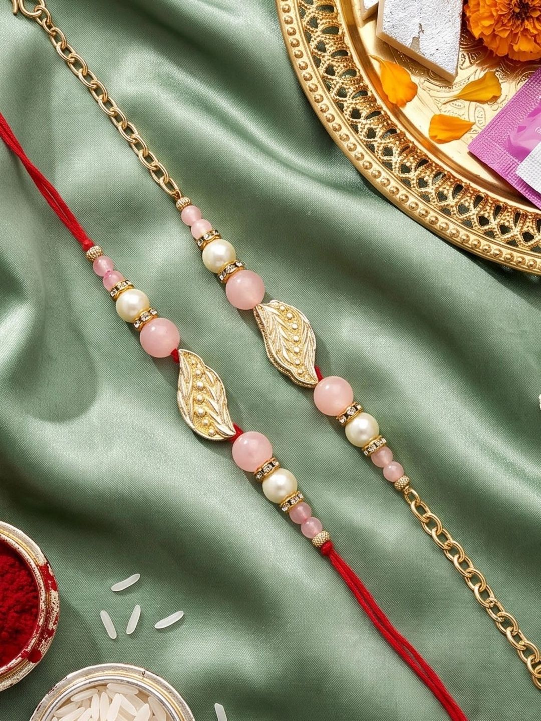 KARATCART Gold Plated Artificial Beads & Kundan Studded Bhaiya Bhabhi Rakhi-picture-19