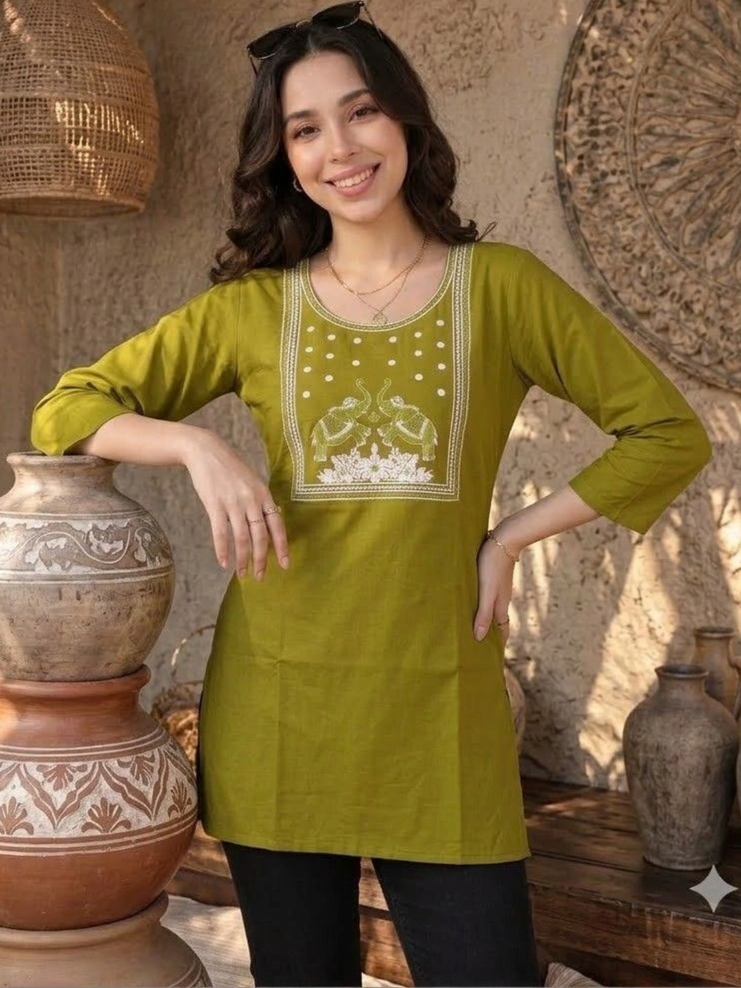 HOUSE OF AXI Ethnic Motifs Embroidered Thread Work Pure Cotton Thread Work Kurti-picture-29