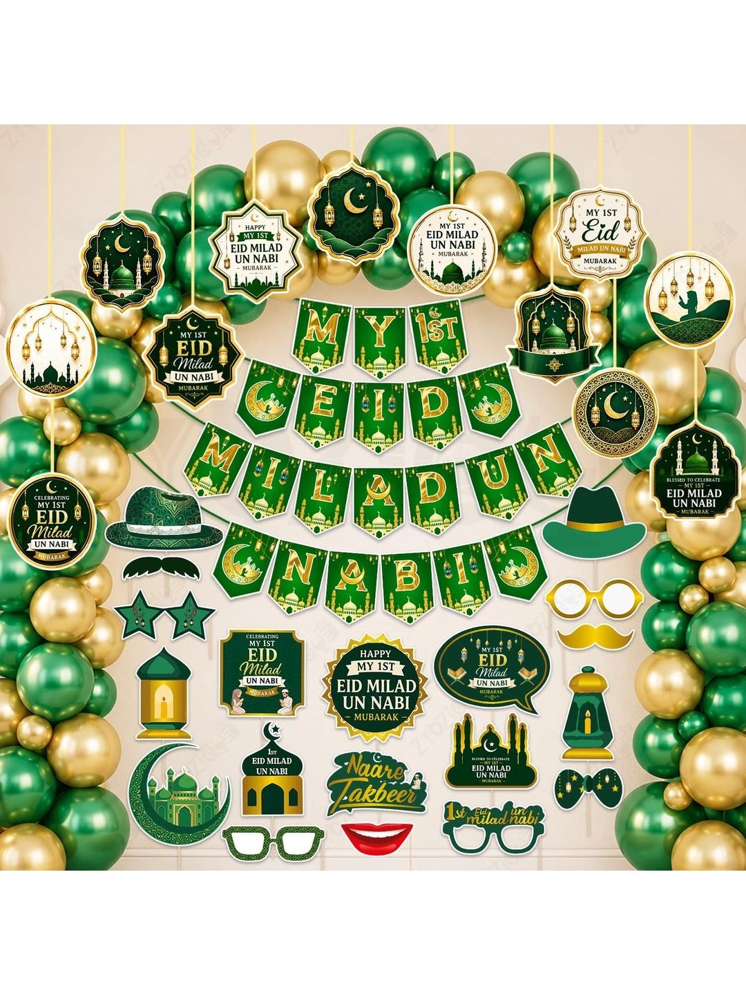 ZYOZI 84-Pcs Green Glossy Reusable Festive Decor - Milad Un Nabi Decorations Kit-picture-1