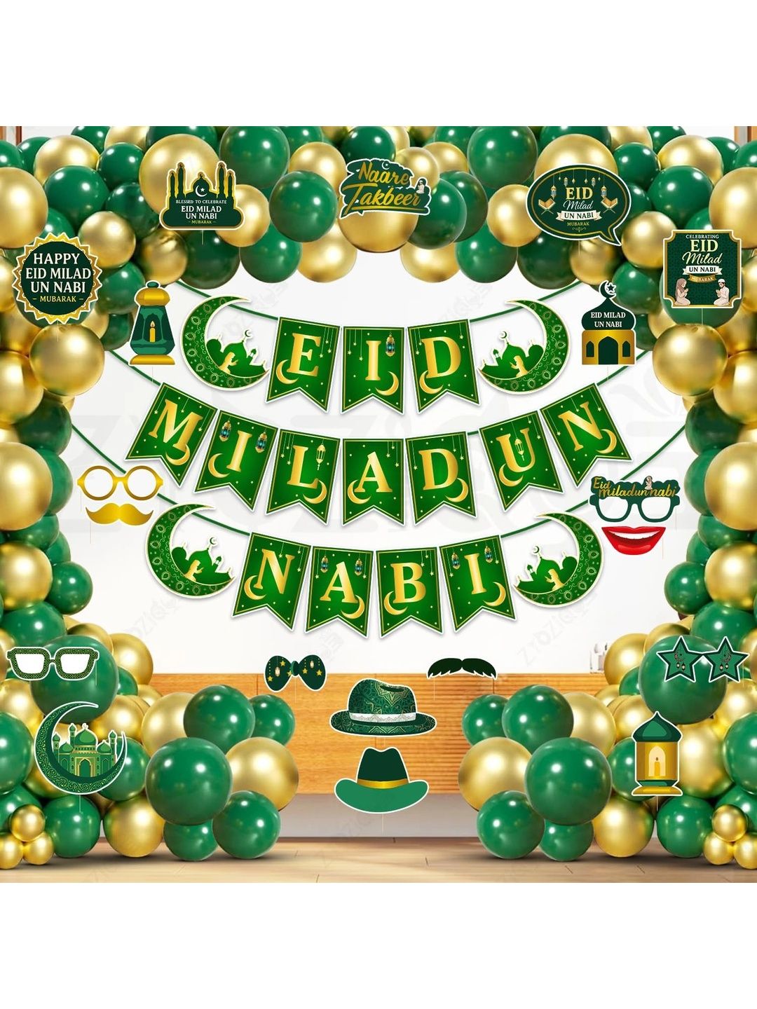ZYOZI 97-Pcs Green Glossy Reusable Festive Decor - Milad Un Nabi Decorations Kit-picture-27