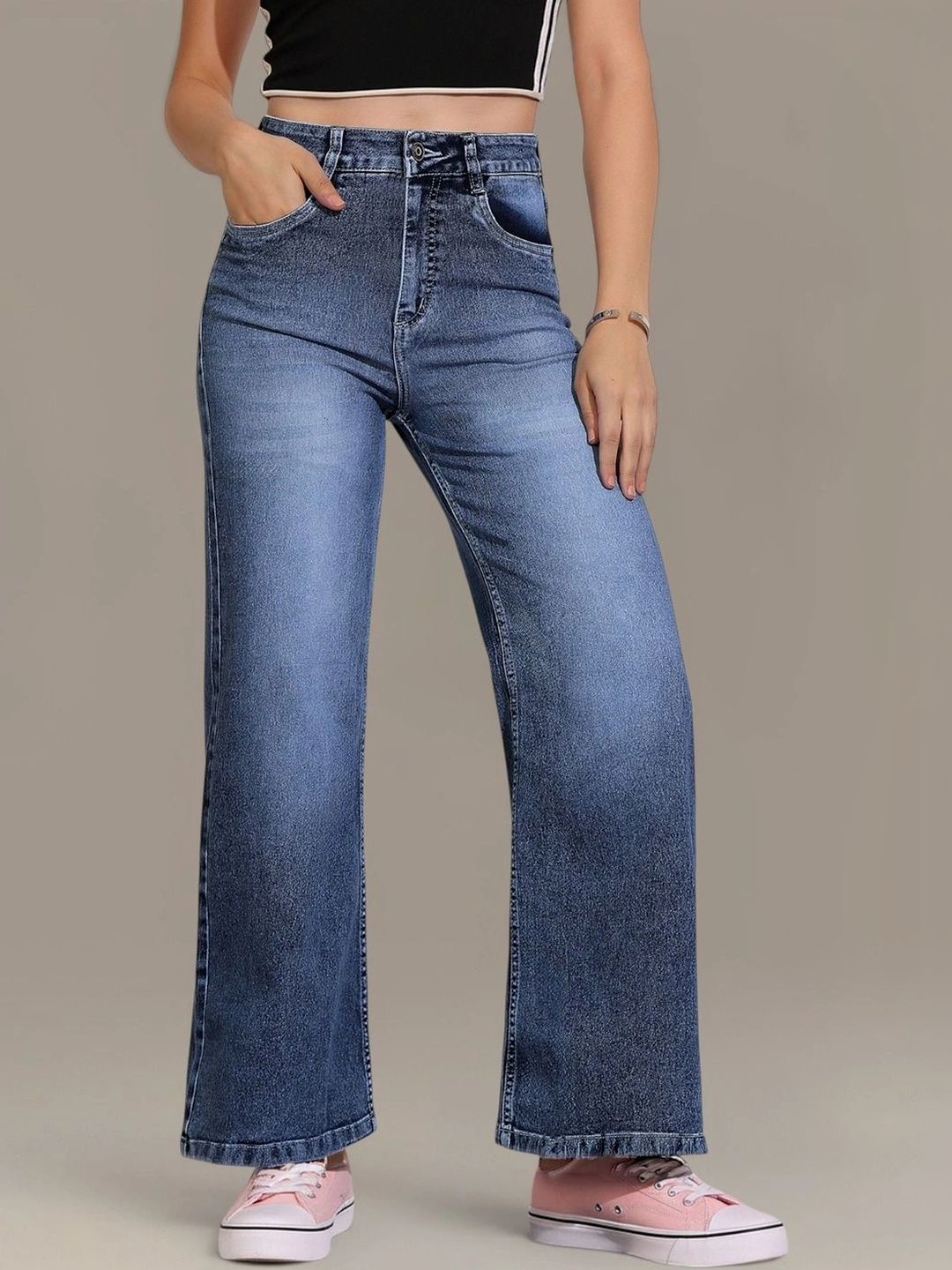 DOLCE CRUDO Women Wide Leg High-Rise Heavy Fade Stretchable Jeans-picture-28