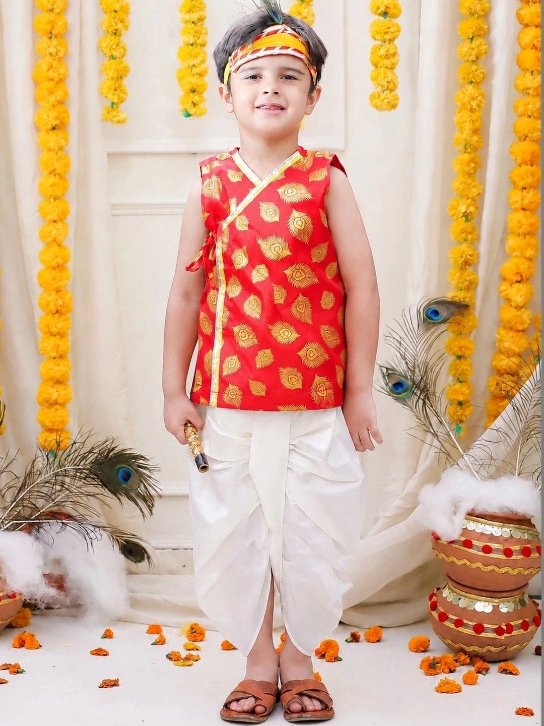 BownBee Boys Ethnic Motifs Printed Angrakha Gotta Patti Kurta with Dhoti Pants-picture-24