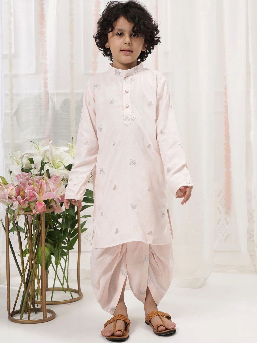 Little Bansi Boys Floral Embroidered Regular Pure Cotton Kurta with Dhoti Pants-picture-10