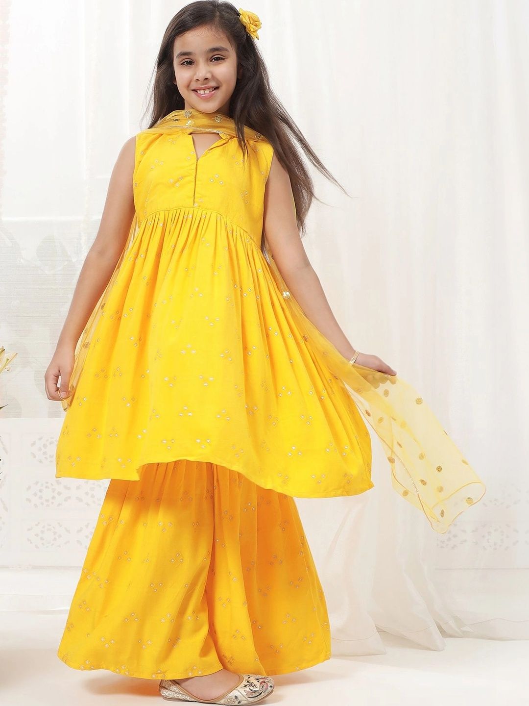 Little Bansi Girls Embroidered Pleated Pure Cotton Kurta with Sharara & With Dupatta-picture-23