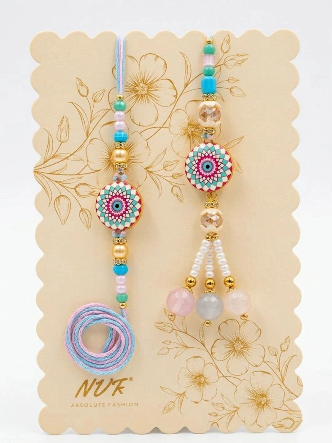 NVR Set Of 2 Floral Design Bhaiya Bhabhi Rakhi With Roli Chawal Chandan Mishri-picture-38