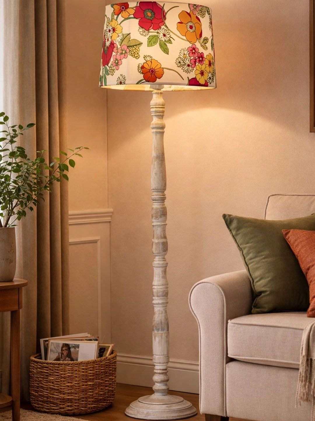 Decorcity Beige & White Floral Printed Wooden Floor Lamps-picture-17