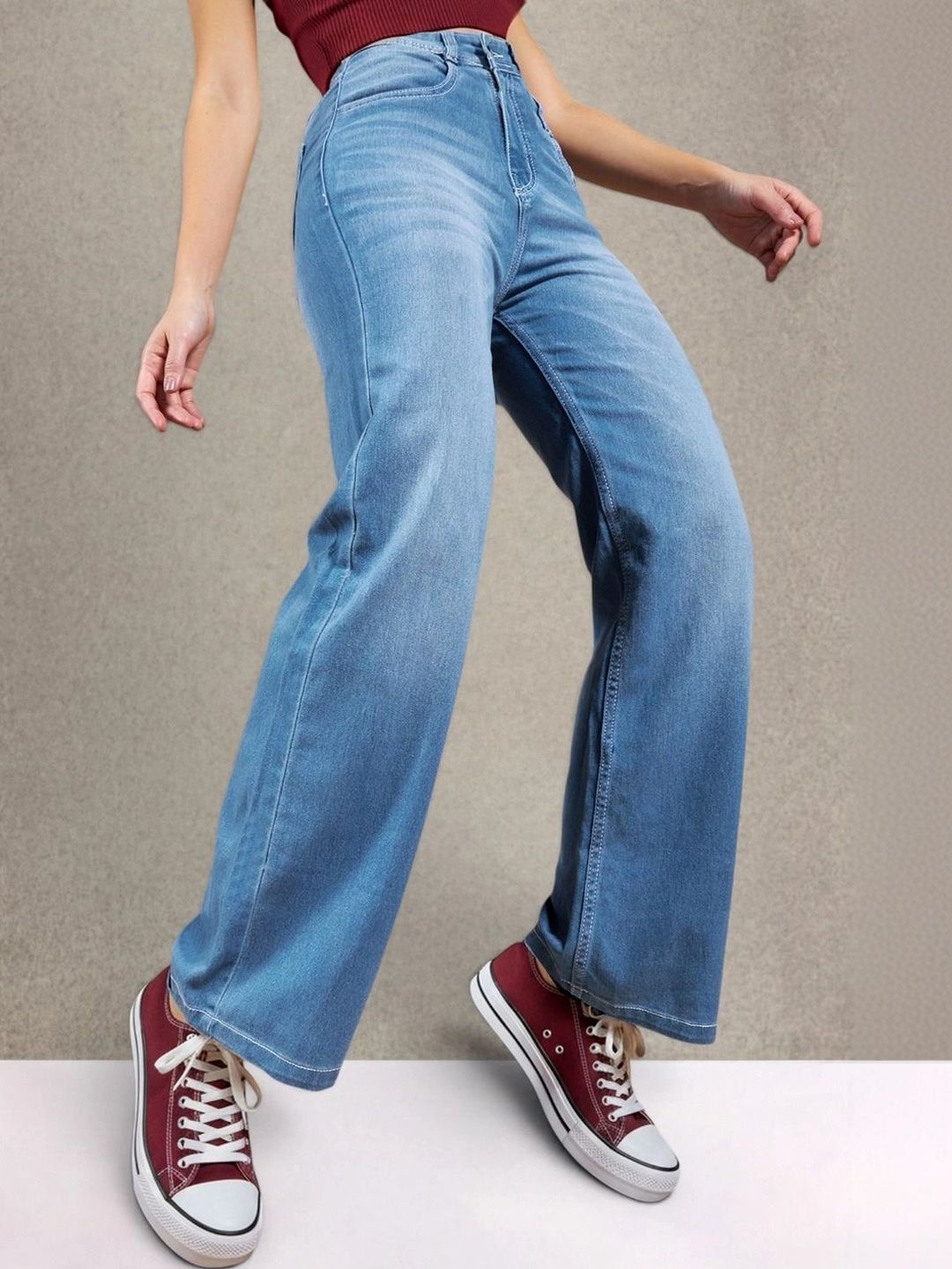 DOLCE CRUDO Women Wide Leg Mid-Rise Light Fade Stretchable Jeans-picture-12