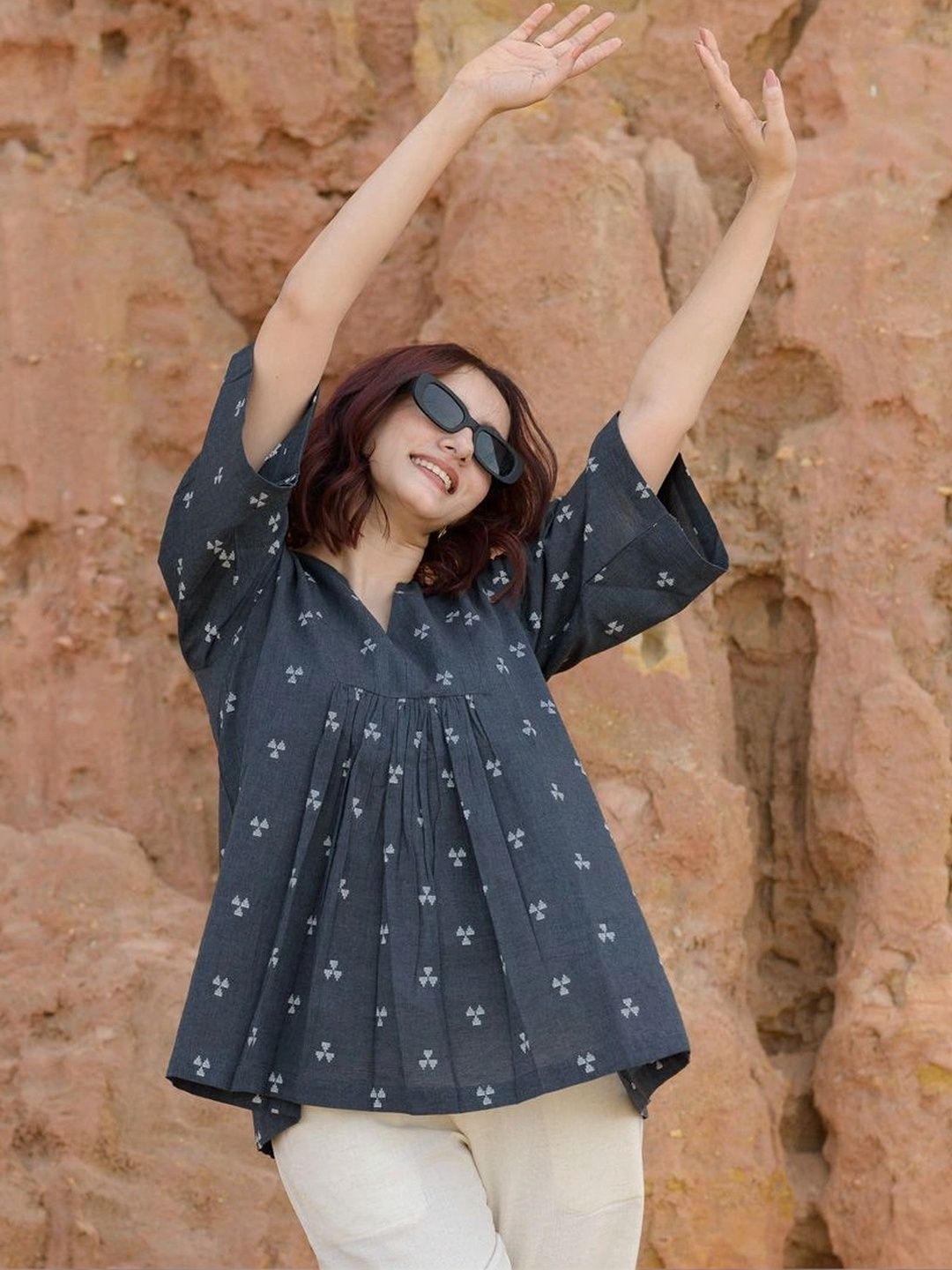 Babli Geometric Print Puff Sleeve Cotton Top-picture-21