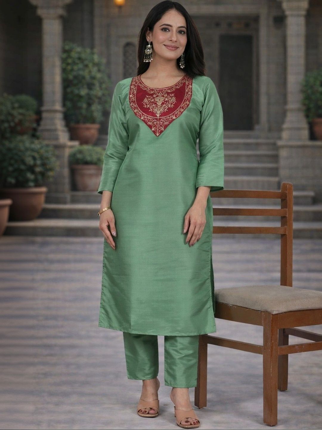 Sangria Floral Embroidered Tunic with Trousers-picture-36