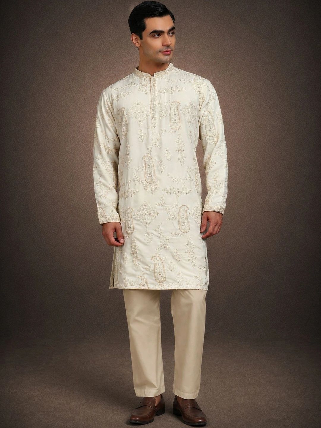 HERE&NOW Men Ethnic Motifs Embroidered Regular Thread Work Kurta with Trousers-picture-24