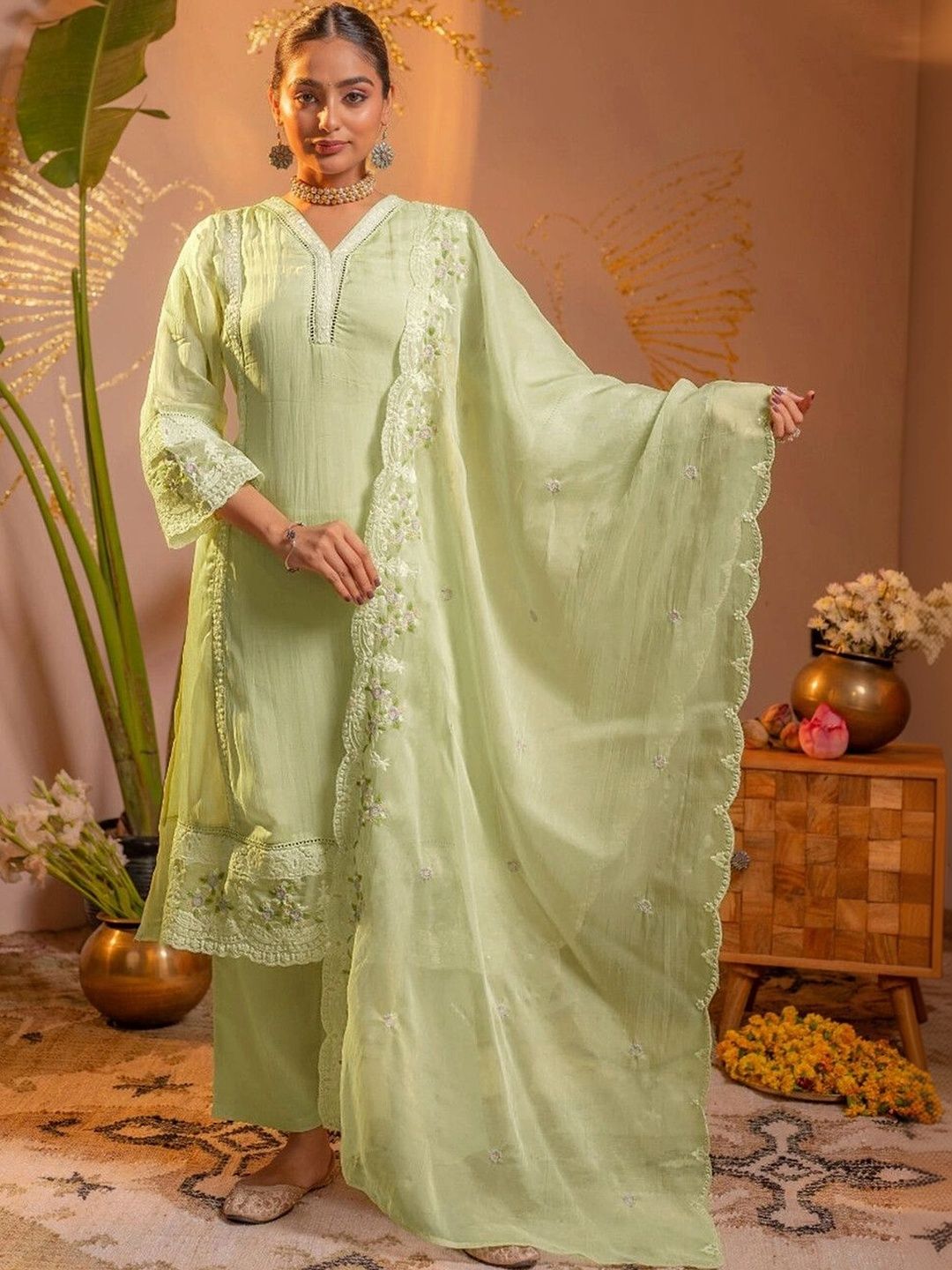 SKYLEE Women Ethnic Motifs Embroidered Regular Thread Work Kurta with Trousers & With Dupatta-picture-34