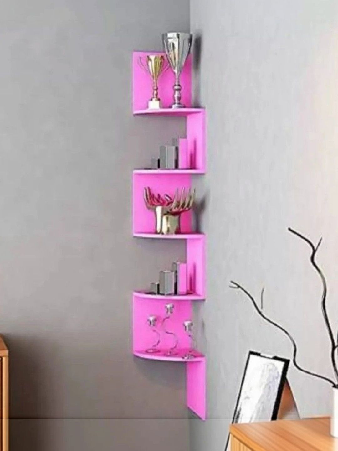 TFS TRADERS Pink & Grey MDF Corner Wall Shelf-image-2