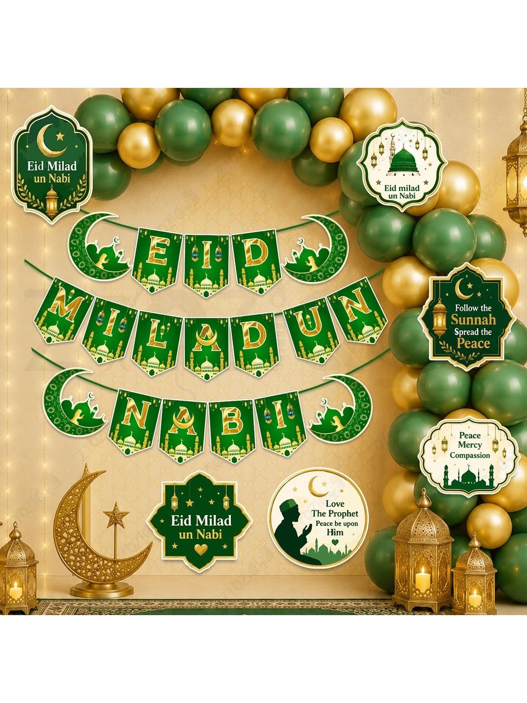 ZYOZI 59-Pcs Green Glossy Reusable Festive Decor - Milad Un Nabi Decorations Kit-picture-49