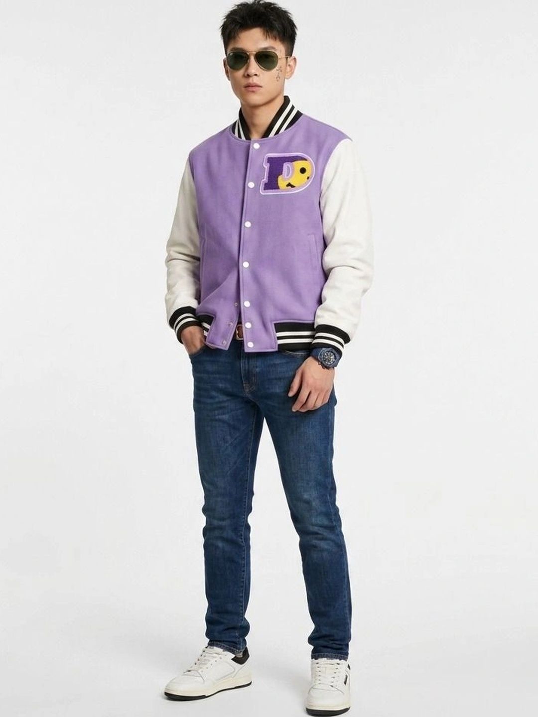 oiin Men Brand Logo Colourblocked Fleece Blend Varsity Jacket-picture-54