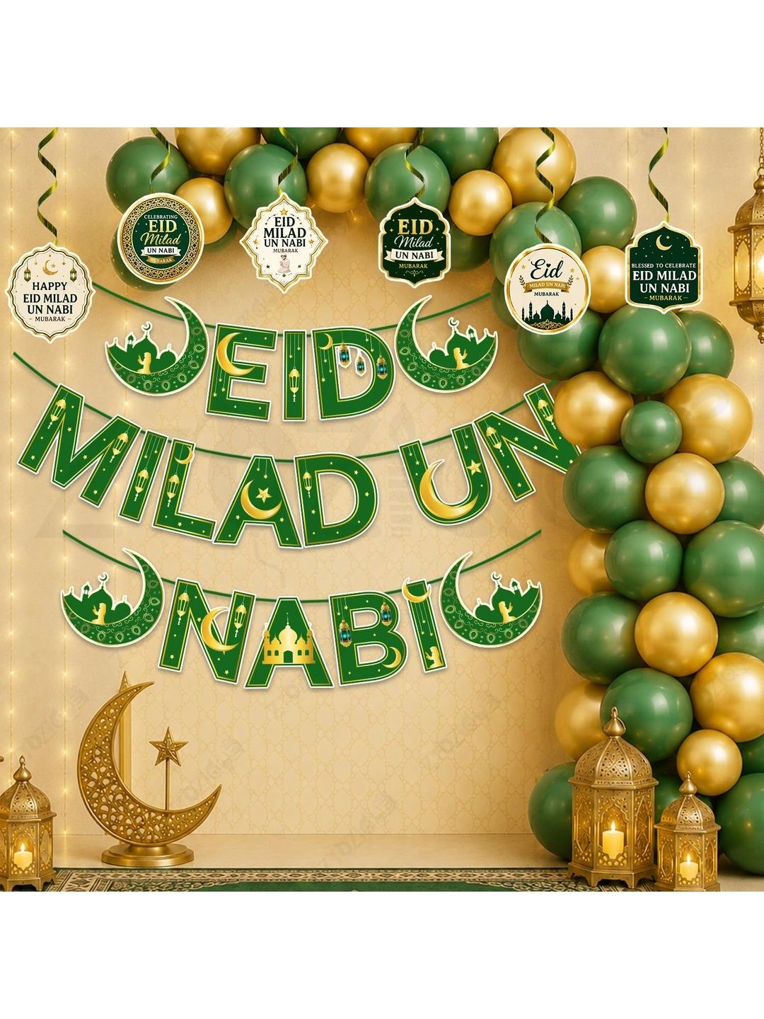 ZYOZI 59-Pcs Green Glossy Reusable Festive Decor - Milad Un Nabi Decorations Kit-picture-26